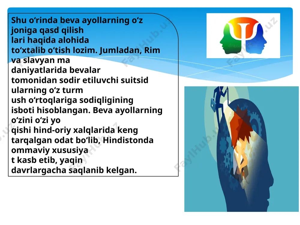 yotiga suiqasd qilganlarnin g ko‘pchiligi nizoli holatdan chiqib ketishning bir nechta yo‘lini sinab o‘tib, s odir etilgan harakatga yetarlicha tanqidiy munosabatda bo‘lishadi suitsidal xulq-atvor umuminsoniy reaksiyalarning bi r ko‘rinishi sifatida suitsidal faollikning barcha bosqichlari, individni ng shaxsiy harakatlari asosida o‘limning ehtimoliy barcha variantlariga munosabati ni quyidagilarda ko‘rish mumkin: - suitsidal fikrlar (passiv - tasavvur, o‘z o‘limi mav zusidagi xayolot (fantaziya), faol-ko‘ngilli tarzdagi o‘lim haqida t o‘g‘ridan-to‘g‘ri e’tirof); - suitsidal niyat-suitsidallik namoyon bo‘lishining faol shakli, ya’ni o‘z joniga suiqasd qilish tendensiyasi, uning chuqurlas huvi, uni amalga oshirish rejasining ishlab chiqilganlik darajasiga muvofiq r o‘yobga chiqib, suitsid usuli, - suitsidlar (namoyishkorona, affektiv va haqiqiy). suitsidal fikrlar bosqichida suitsidal jarayon to‘s ib qo‘yilishi, qaytarilishi yoki o‘zining rivojlanishini davom ettirishi ham mu mkin. shu bois, suitsidal faollikni keltirib chiqaruvchi ijtimoiy, psixologik , pedagogik omillarni o‘z vaqtida aniqlash hamda suitsidal ustanovkalarni inobatga ol ish lozim d.n.uznadzening ma’lumotlariga ko‘ra, ustanovka - bu ma’lum bir har akatlarni …