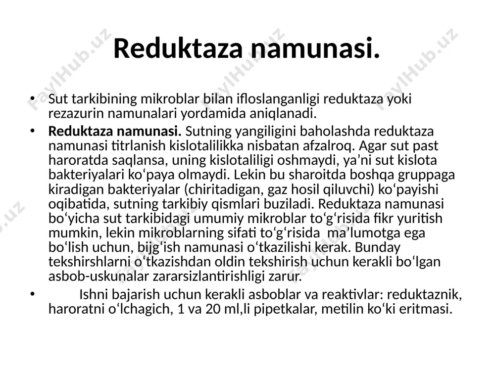in mikroblarning sifati to‘g‘risida ma’lumotga ega bo‘lish uchun, bijg‘ish namunasi o‘tkazilishi kerak. bunday tekshirshlarni o‘tkazishdan oldin tekshirish uchun kerakli bo‘lgan asbob-uskunalar zararsizlantirishligi zarur. ishni bajarish uchun kerakli asboblar va reaktivlar: reduktaznik, haroratni o‘lchagich, 1 va 20 ml,li pipetkalar, metilin ko‘ki eritmasi. sut namunalari olinadi ishning bajarilish tartibi. zararsizlantirilgan katta sig‘imli probirkalarga pipetka yordamida bir millilitrdan metil ko‘ki solinib, ustiga turli xil tekshirilayotgan sut namunalaridan 20 ml. qo‘shiladi. so‘ngra probirkalarning og‘zi toza rezina tiqinlari bilan bekitilib, probirkalar chayqatiladi, keyin esa 37-40o haroratli reduktaznikka joylashtiriladi. reduktaznikdagi suvning sathi, probirkalardagi sut sathidan yuqori bo‘lishi kerak. ishni bajarish joylarida reduktaznik asbobi bo‘lmasa, oddiy suv hammomidan foydalanish mumkin. probirkalar suv hammomiga qo‘yilgandan boshlab vaqt hisobga olinadi. ya’ni bunda probirkalar ichida hosil bo‘lgan ko‘k rangni necha daqiqada, soatda oqarishiga qaralib tekshirilayotgan sut jadval asosida baholanadi. bajarilish tartibi videolavha: https://yandex.ru/video/preview/2144643536272053967 bakteriyalarning miqdori asosida sutning klassini aniqlash rangsizlanish tezligi 1 ml. sut tarkibidagi bakteriyalarning miqdori mln. sutning sifati …