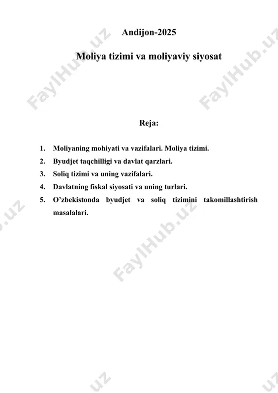 ida aholining ijtimoiy madaniy ehtiyojlariga (uy joy qurilishi, tibbiyot xizmati, maorif, nafaqa, stipendiya va shu kabilarga), daromadlar darajasini ushlab turishga, milliy mudofaaga, atrof muhitni muhofaza qilish va shu kabilarga sarflaydi. 3. moliyaning rag’barlantiruvchilik vazifasi, birinchidan, yaratilgan mahsulot qiymatini taqsimlash jarayonida, ikkinchidan, pul fondlarini tashkil qilish va sarflash mexanizmi vositasida amalga oshiriladi. ikki holda ham moliya ishlab chiqarish samaradorligiga, uning pirovard natijasiga, mahsulot sifatiga sezilarli ta’sir ko’rsatadi. 4. moliyadan ishlab chiqarish, taqsimlash va iste’mol ustidan nazorat qilish vositasi sifatida foydalaniladi. moliyaviy nazorat korxona (firma)larning moliya intizomga rioya qilish uchun moddiy javobgar bo’lish tizimi, turli soliqlar undirib olish va mablag’ bilan ta’minlash tizimi orqali amalga oshiriladi. moliyaviy munosabatlar va ularga xizmat qiluvchi maxsus muassasalar jamiyatning moliya tizimini tashkil qiladi. moliya tizimi korxonalar (tarmoqlar) va umumdavlat moliyasini o’z ichiga oladi. korxona va tarmoqlar moliyasi ulardagi takror ishlab chiqarish jarayonida hamda alohida fondlar yaratish yo’li bilan xodimlarning ijtimoiy ehtiyojlariga xizmat qiladi. umumdavlat moliyasi davlat …