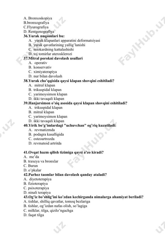 ya bu…. a. siydikning kam ajralishi b. siydikda yiring bo’lishi c. mutloq ajralmasligi d. ko’p ajralishi 55.glomerulonefritda kuzatiladigan klinik belgilar qaysi? a. shish, arterial bosim oshishi, proteinuriya b. arterial bosim tushishi, yo’tal, harorat ko’tarilishi c. anasarka, bog’ilish, qusish d. shish, bo’g’ilish, xansirash 56. qoning asosiy vazifasi nimadan iborat? a transport. b. yaratish. с. biriktirish. d.qisqarish. 57. qaysi biri qon yaratish organiga kiradi? a limfa tugunlari b.yurak с. mushaklar d. oshqozon 58. qoning quyuq qismi nimalardan iborat? a shaklli elementlardan. b. plazmadan. с. mikroelementlardan. d. vitaminlardan. 59. plazma tarkibiga nima kiradi? a oqsil moddalar. b.eritrotsitlar. с. leykotsitlar. d. trombotsitlar. 60. plazma tarkibinikorsating. a qand. b.eritrotsitlar. с. leykotsitlar. d. trombotsitlar. 61. plazma tarkibiga nima kiradi? a yog‘ zarralari. b.eritrotsitlar. с. leykotsitlar. d.trombotsitlar. 62. plazma tarkibidaquydagilardan qaysilari bor? a turli xil tuzlar. b.eritrotsitlar. с.leykotsitlar. d.trombotsitlar. 63. shaklli elementlarga kiradi. a eritrotsitlar. b.mikroelementlar. с.oqsil moddalari. d.qand. 64. shaklli elementi hisjblanadi. a trombotsitlar. b.mikroelementlar. с.oqsil …
