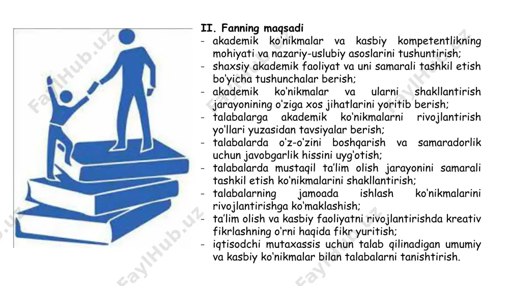 tuzilmasi va komponentlari tuzilmasi bilish, faollik, shaxsiy sifatlar kabi asosiy tarkibiy qismlardan iborat. komponentlari kasbiy bilim va ko'nikmalar axborot texnologiyalarini qo'llash malakasi muloqot va hamkorlik qilish qobiliyati mustaqil fikrlash va qaror qabul qilish ahamiyati kasbiy kompetentlik talabalarga o'z kasbiy faoliyatlarini samarali va mahorat bilan amalga oshirishga imkon beradi. 13 kasbiy kompetentlik rivojlantirishning ustuvor yo'nalishlari 1 metodik qo'llab-quvvatlash o'quv dasturlari va usullarini doimiy yangilash, zamonaviy uslublardan foydalanish. 2 amaliy tayorgarlik amaliy mashg'ulotlar, amaliyot va bitiruvchi malakaviy amaliyotlarni kuchaytirib borish. 3 o'zini-o'zi rivojlantirish kasbiy-shaxsiy sifatlarni rivojlantirish, mustaqil ta'lim va malaka oshirish. 14 image1.png image2.jpeg image3.jpeg image4.jpeg image5.jpeg image6.png image7.png image8.png image9.png image10.png image11.png image12.png image13.png image14.png image15.png image16.png image17.png image18.png image19.png