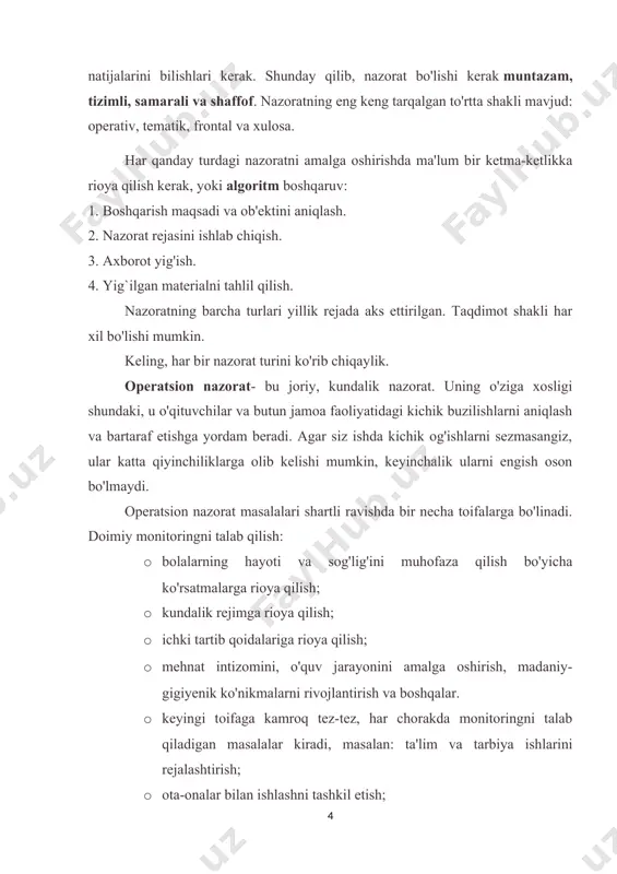 todlari: ishimizni quydagi metodlarga asoslanib olib bordik: 1. kuzatish 2. savol-javob 3. suxbat 4. tajriba kurs ishining tuzulishi: 2 bob 4 paragrf, xulosa va tavsiyalar, foydalanilgan adabiyotlar ro’yxati. i.bob maktabgacha yoshdagi bolalar rivojlanishi 1.1. 6-7 yoshli maktabgacha yoshdagi bolalarning psixologik jarayonlarining rivojlanishi ushbu o'qitish tamoyillarini amalga oshirish har doim ham muvaffaqiyatli emas, chunki bu ko'plab tarkibiy qismlarga bog'liq: maktabning moddiy holati, o'qituvchilarning uslubiy va kasbiy malakasi va ko'plab ijtimoiy omillar. natijada, bu turdagi mashg'ulotlarda ko'plab muammolar, birinchi navbatda, psixologik muammolar mavjud.bolalardagi noqulay sharoitlarda kompleks tadqiqotlar ma'lumotlariga ko'ra, sog'lig'ining holati yomonlashadi: vazn kamayadi, qondagi gemoglobin miqdori kamayadi, ko'rish keskinligi pasayadi, bosh og'rig'i paydo bo'ladi. umumiy farovonlikning yomonlashishi bilan bog'liq holda, bola tez-tez kasal bo'lishni boshlaydi, ish qobiliyati yanada pasayadi - bularning barchasi akademik ko'rsatkichlarda aks etadi. ba'zi hollarda nevrozlar (tiklar, qo'rquvlar, enurez va boshqalar), maktabning noto'g'ri moslashuvi paydo bo'ladi.[footnoteref:1] [1: o‘zbekiston respublikasining prezidenti sh.m. mirziyoyevning “2017–2021-yillarda maktabgacha ta’lim tizimini yanada takomillashtirish …