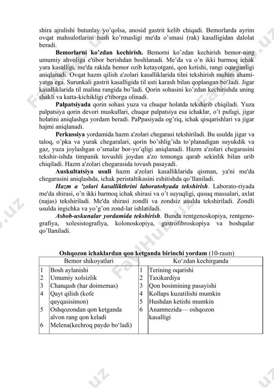 kretlarning shilliq qavatga ko’p ajralib chiqishi hamda nerv oxirlari qo’zg’alishi oqibatida ichaklar peristal-tikasi kuchayadi. ich qotishi (qabziyat) — ichakda axlatning uzoq turib qolishidir (48 soatdan ortiq). funksional va organik qabziyat farqlanadi. hazm qilish o’zolari kasalliklarini tekshirish usullari kasalxonaning qabul qilish bo’limida kasallik tarixi ochiladi va bemor to’g’ri-sida ma'lumotlar yoziladi. so’rab-surishrish. hazm a'zolari kasalliklarini aniqlashda bemorning shiko-yatlari so’raladi. bemorlar ko’pincha og’riq, ishtaha yo’qligi, ko’ngil aynishi, jig’ildon qaynashi (zarda bo’lish) va kekirishdan shikoyat qiladilar. kasallik tarixini aniqlashda bemordan qachondan beri kasallik belgilari boshlan-ganligi, qanday dori-darmonlarni iste'mol qilganligi so’rab surishtiriladi. kasallikning hayot anamnezini aniqlashda bemorning oilaviy sharoiti, ovqatlanish rejimi va uning tarkibi, kasb-kori, oilasida, yaqin qarindosli urug’larida shunday belgilar mavjudligi, zararli odatlari (chekish va spirtli ichimliklar ichish kabilar) so’raladi. so’rab-surishtirish vaqtida bemorlarning qaysi dori vositalariga o’ta sezuvchanligini so’rab bilish allergik holatlarning oldini olishda katta ahamiyatga ega. bemorlardagi klinik belgilarni o’rganish kasallikni to’liq aniqlashda muhim o’rinni egallaydi. og’riq - hazm a'zolari kasalliklarida asosiy belgilardan …
