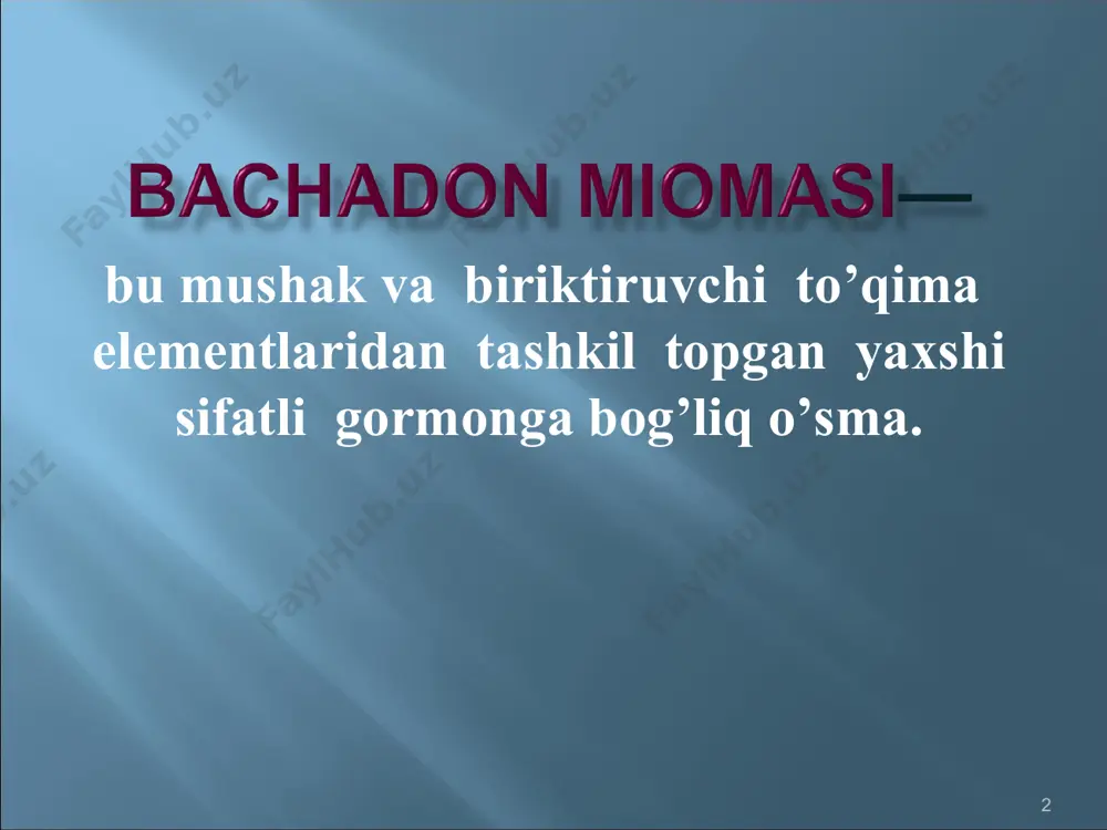 sma bachadon bo’shlig’i tomonga qarab, uni deformatsiyalab o’sadi. intraligamentar (bog’lamlararo) —o’smaning parametriyga, bachadon keng boylami varaqlari orasiga qarab o’sishi. * bachadon qon ketishlari mosb (menstrual ovarial siklning buzilishi) qorin pastida va beldagi og’riqlar bepushtlik ekstragenital a’zo va sistemalar funksiyasining buzilishi * subseroz va intramural bachadon miomasida doimiy simillovchi og’riqlar xarakterli bo’lib, bu ularni qoplab turgan qorin pardaning ta’sirlanishi natijasida kelib chiqadi. kuchli va davomli og’riqlar o’smaning juda tez o’sishi uchun xarakterlidir. tugunda to’satdan qon aylanish buzilganda, og’riqlar o’tkir xrakterga ega bo’ladi va «o’tkir qorin» klinikasi yuzaga kelishi mumkin. menstruasiya vaqtidagi to’;g’qosimon og’riqlar ko’pincha submukoz miomalar uchun xos bo’lib, kasallikning ancha ilgari boshlanganligidan dalolat beradi. * birlamchi ikkilamchi ko’pincha giperesterogenemiya va tuxumdonlar faoliyatining buzilishi natijasida miomatoz tugunlar bachadon naylari sohasida joylashib, ularni bosishi natijasida nay o’tkazuvchanligi buzilganda vujudga keladi. * bemor shikoyatlari hayot va kasallik anamnezi umumiy obyektiv tekshiruvlar ginekologik tekshiruv qin surtmasi va onkositologik tekshiruvlar funksional sinamalar homiladorlikni aniqlash testi …