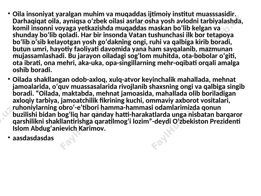 iyat bilan yondoshib, oilada har tomonlama sog‘lom turmush tarzini qaror toptirish, uning ijtimoiy-iqtisodiy barqarorligi, farovonligiga erishish bila bir qatorda, bilimli, aql-zakovatli, udduburon, zukko, ruhan va ma’naviy barkamol insonni voyaga yetkazish, shuningdek, oila an’analari, kasb-kori, shajarasining davomiyoligini ta’minlash, farzandni bo‘sh vaqtini unumli o‘tkazishga erishish, giyohvandlik, maishiy nopoklik, axloqsizlik, nosog‘lom e’tiqod, aqidaparastlik, xoinlik kabi ba’zi bir illatlarning paydo bo‘lishiga yo‘l qo‘ymaslik va boshqalar kiradi. bizning mentalitetimizda farzandlar ota-onalariga o‘xshashga harakat qiladilar, ota-onalar esa o‘zlari bilib bilmasdan zo‘z xarakter va xususiyatlarini, orzu-havaslarini farzandlariga singdirib boradilar. aynan ana shunday xarakter xususiyatlaridan biri bo‘lgan mehr-muruvvatlilik ota-onadan farzandlariga o‘tadi. ayniqsa, o‘smirlik davridagi bolalarga ota-onaning mehribonligi, doimiy nazorati va do‘stona maslahati katta ahamiyatga ega. ammo afsuski, ko‘pgina ota-onalar farzandini “bebosh” qilib qo‘ymaslik uchun bu ajoyib insoniy tuyg‘udan cho‘chiydilar. ular bolaning tantiq, shaxsiyatparast bo‘lib qolishidan tashvishlanadilar. lekin juda ko‘p salbiy xususiyatlar bola ota-onaning to‘g‘ri muruvvatidan, erkalashidan, e’tiboridan mahrum bo‘lgan sharoitlarda vujudga keladi. shuning uchun ham bola o‘zining sevishlariga, …