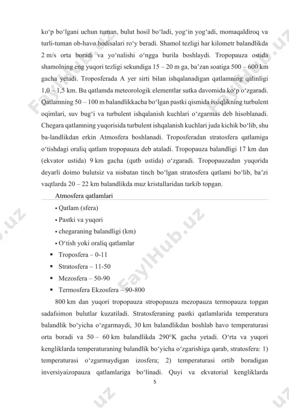 ik boʻyicha oʻzgarmaydi, 30 km balandlikdan boshlab havo temperaturasi orta boradi va 50 – 60 km balandlikda 290°k gacha yetadi. oʻrta va yuqori kengliklarda temperaturaning balandlik boʻyicha oʻzgarishiga qarab, stratosfera: 1) temperaturasi oʻzgarmaydigan izosfera; 2) temperaturasi ortib boradigan inversiyaizopauza qatlamlariga boʻlinadi. quyi va ekvatorial kengliklarda stratosfera odatda inversiyadan boshlanadi. meridian boʻyicha havo koʻchishining kuchayishi (stratosferaning muhim xossasi) yer yarim sharlari orasidagi havo almashinuviga yordam beradi. taxminan 80 –90 km balandlikda temperatura 190°k gacha pasaya boradi. 50 – 90 km balandlik oraligʻidagi atmosfera qatlami mezosfera deb yuritiladi. mezosferaning 82 – 85 km balandligida yoz vaqtlarda kumushsimon bulutlar kuzatiladi. mezosferada havo tarkibi troposfera va stratosfera qatlamlaridagi kabi aralash gazlardan iborat. mezosferada fotokimyoviy jarayonlar katta rol oʻynaydi. quyoshning qisqa toʻlqinli radiatsiyasi taʼsirida faol harakatchan atom va molekulalar hosil boʻladi. 90 km dan yuqorida termosfera qatlami boshlanib, temperatura tez koʻtarila boradi. temperaturaning koʻtarilish darajasi qisqa toʻlqinli quyosh radiatsiyasining yutilish jadalligiga bogʻliq. mezopauzadan yuqorida toʻlqin …