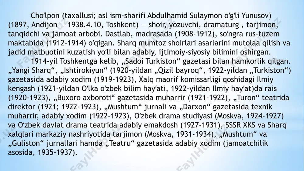 parfi va boshqalar ijodida muvaffaqiyat bilan rivojlantirilgan boʻlsa, uning ijtimoiy mazmun bilan yoʻgʻrilgan sheʼriyati anʼanalari keyinchalik davom ettirilmay qoldi. foydalanilgan adabiyotlar sharafiddinov o. choʻlponni anglash. t.: xazina, 1994. karimov n. choʻlpon. t.: fan, 1991. choʻlponning badiiy olami (toʻplam). t.: fan, 1994. murodov j.cholpon haqida. t.: ohangaron hayoti gazetasi, 2014 audio1.wav image1.jpeg