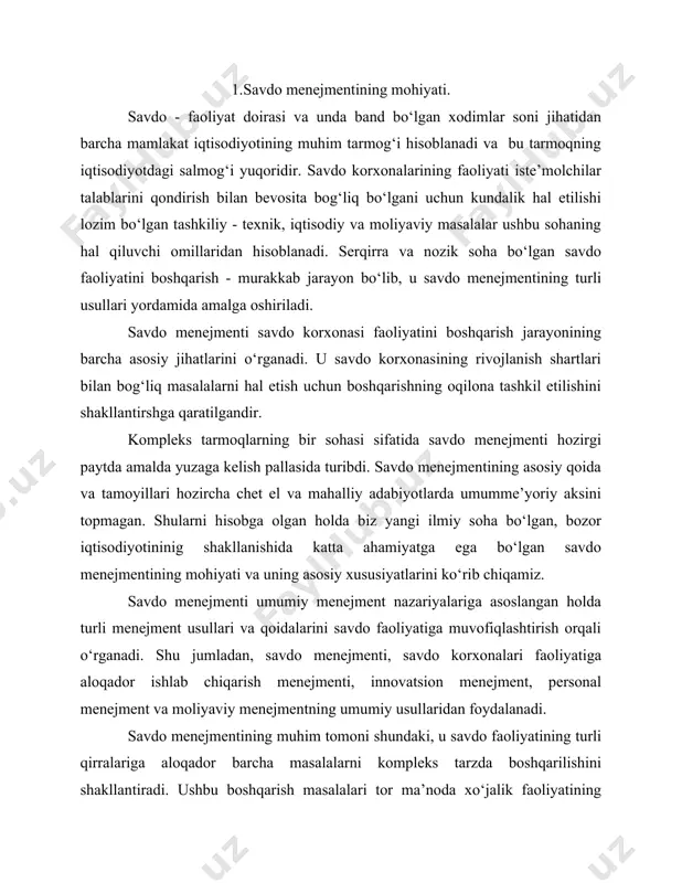 pleks tarzda boshqarilishini shakllantiradi. ushbu boshqarish masalalari tor ma’noda xo‘jalik faoliyatining oxirgi natijasiga bog‘liq bo‘lib, savdo korxonasining faoliyatini oxirgi natijalariga to‘g‘ridan to‘g‘ri yoki egri (bilvosita) ta’sir etadi. korxonada savdo jarayonining takomillashtirilishiga qaratilgan alohida chora-tadbirlar, qarorlarning faqat innovatsion menejment nuqtai nazari bilan qaralishi korxonaning iqtisodiy faoliyati, shart-sharoitlarini to‘la hisobga olgan holda amalga oshirishni ta’minlay olmaydi. balki, boshqaruvga bir tomonlama yondashish korxonaning moliyaviy ahvoliga salbiy ta’sir etadi. shularni nazarda tutgan holda savdo menejmenti savdo korxonasi xo‘jalik faoliyatining oxirgi natijalariga o‘z ta’sirini ko‘rsatuvchi har bir boshqaruv masalalarini umumlashtirgan holda, kompleks faoliyat tarzida ko‘rib chiqadi. 2. savdo menejmentining usul va tamoyillari. barcha savdo korxonalari bitta tarmoqda xo‘jalik yurituvchi subyektlar sifatida savdo-texnologik va savdo xo‘jalik ishlari jarayonlarining tashkil etilishida bir qator umumiyliklarga ega bo‘lsalarda, ular faoliyatlarining tashkil etish shakllari, joriy texnologiya va xo‘jalik yuritishning ma’lum shart-sharoitlari orasida tafovutlar mavjud. ular faoliyatlarini boshqarishni o‘ziga xosligi, o‘rtasidagi mavjud tafovutlar o‘sha sohaning yakuniy natijalariga turlicha ta’sir etadi. savdo …