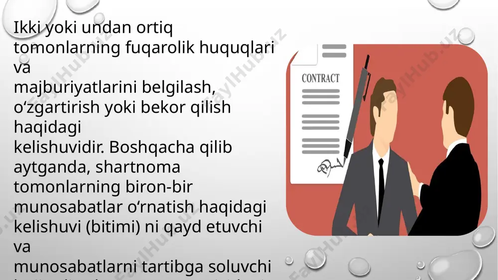 i belgilashlari mumkin. bunday kelishuv bo‘lmaganda shartnomaning sharti dispozitiv me’yor bilan belgilanadi. shartnomaning sharti taraflar kelishuvida boshqacha tartib belgilab qo‘yilmaganligi tufayli qo‘llaniladigan me’yor (dispozitiv me’yor) da nazarda tutilgan hollarda taraflar o‘zaro kelishib, uning qo‘llanishini bekor qilishlari yoki unda nazarda tutilganidan boshqacha shartni belgilashlari mumkin. bunday kelishuv bo‘lmaganda shartnomaning sharti dispozitiv me’yor bilan belgilanadi. agar taraflar o‘rtasida shartnomaning barcha muhim shartlari yuzasidan shunday hollarda talab qilinadigan shaklda kelishuvga erishilgan bo‘lsa, shartnoma tuzilgan hisoblanadi. eʼtiboringiz uchun rahmat image3.png image4.jpeg image5.jpeg image6.jpeg image7.jpeg image8.jpeg image9.jpeg image10.jpeg image11.jpeg image12.jpeg image13.jpeg image1.png common,law,professor,,teacher,vector,character.,executive,process,and,advocacy печать /docprops/thumbnail.jpeg