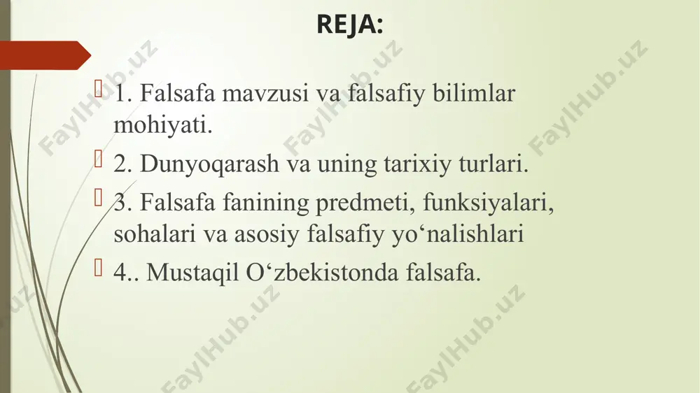 muhim elementlardan iborat. dunyoni sezish – bu o‘zini qurshagan dunyoni sezgilar yordamida hissiy idrok etishdir. bunda tuyg‘ular, kayfiyat dunyoni go‘yoki ranglarga bo‘yaydi, uning obrazini sub’ektiv, sof individual sezgilar orqali aks ettiradi. dunyoni idrok etish – bu atrof borliqni ideal obrazlarda tasavvur qilishdir. dunyoni idrok etish to‘g‘ri yoki noto‘g‘ri bo‘lishi, ya’ni borliqqa mos kelmasligi mumkin. bu holda borliq noto‘g‘ri tasavvur qilinadi yoki illyuziyalar, suv parilari, alvastilar, kentavrlar haqidagi tasavvurlarga o‘xshash fantaziyalar paydo bo‘ladi. dunyoni tushunish – insonning va uni qurshagan dunyoning mohiyatini aniqlash, shuningdek tabiatda yuz beruvchi voqealar va jarayonlarning o‘zaro aloqalarini tushunishga qaratilgan aqliy-bilish faoliyatidir. tarixiy taraqqiyot turlari jihatidan: 1) afsonaviy (mifologik), 2) diniy, 3) falsafiy qarashlardan 4) fandan iborat. barcha falsafiy muammolarni uchta asosiy guruhga taqsimlash va quyidagi savollar bilan ifodalash mumkin: 1. dunyo nima? 2. inson nima? 3. dunyo bilan inson o‘rtasidagi munosabatlar nimadan iborat? agar biz har qanday falsafiy muammoni oladigan bo‘lsak, u albatta mana shu uchta …