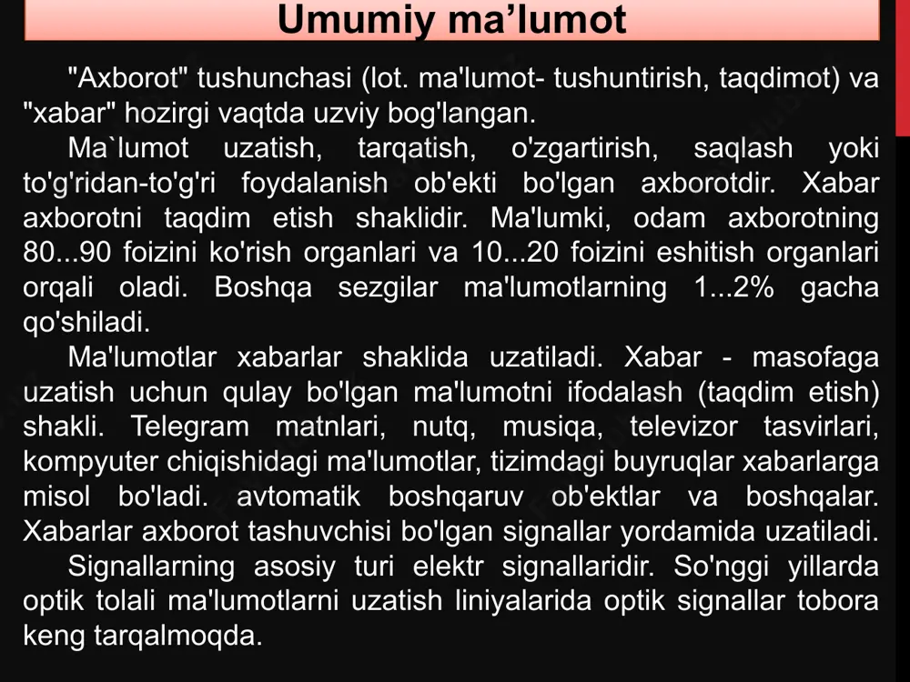 uls maydoni) diskret signal bo'lgan ba'zi bir fizik miqdorning oniy qiymatining analogidir. raqamli signal ikkilik raqamlar ko'rinishidagi va ba'zi bir jismoniy miqdorning oniy qiymatini ifodalovchi dt vaqt oralig'ida bir-biridan keyin keladigan diskret raqamlar qatoridir. uzluksiz yoki analog signal - bu ma'lum bir qiymat oralig'ida har qanday darajadagi qiymatlarni qabul qila oladigan signal. vaqtning uzluksiz signali butun vaqt o'qida belgilangan signaldir. asosiy tushuncha va ta’riflar analog va diskret signallar 1. vaqt o'tishi bilan doimiy ravishda o'zgarib turadigan, istalgan vaqtda uning qiymatini o'lchashingiz mumkin bo'lgan signal analog deb ataladi. 2. vaqt o'tishi bilan uning qiymatlari faqat vaqt momentlarini hisoblashda (ma'lum bir qadam bilan) aniqlanishi uchun diskret ravishda o'zgarib turadigan signal odatda diskret deyiladi. 3. diskret vaqt davrlarida (diskret signallar bilan) kirish va chiqish har doim erga ulangan umumiy simga ega. shuning uchun u ko'rsatilmaydi. 4. transformatsiyalar: analog signal - diskret signal namuna olish kaliti va past chastotali filtr yordamida amalga oshiriladi. 5. …