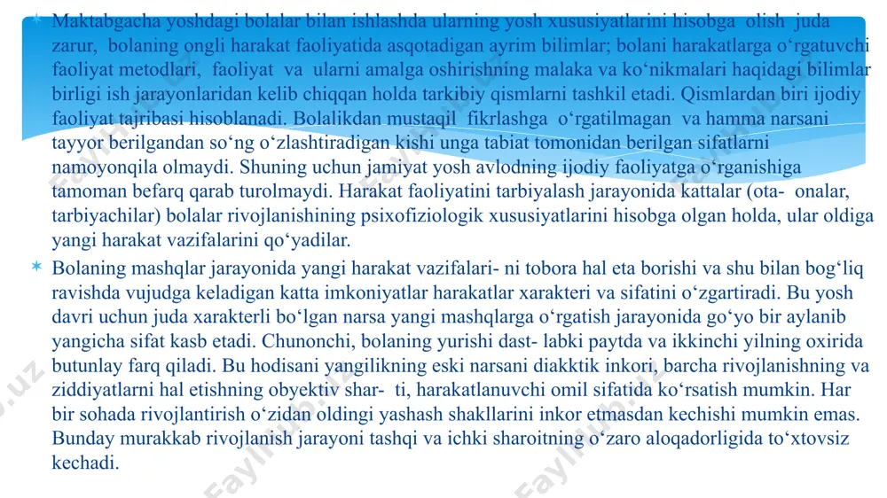 vib, yirik jihozlarni artib turadilar. bunday tadbirda barcha tarbiyalanuvchilar tarbiyachi rahbarligida ishtirok etadilar. 2. jismoniy tarbiya tizimida bolalarni har tomonlama rivojlantirish va o‘qitish prinsiplari jismoniy tarbiya mashg‘ulotlarini olib borish hamda asoslab berish jarayonida quyidagi didaktik prinsiplar qo‘llaniladi: tizimlilik va izchillik; onglilik, mustaqillik va ijodiy faollik; ta’limning ko‘rgazmali, og‘zaki va amaliy metodlarini optimal tarzda birga qo‘shib olib borish; tushunarlilik va individual ishlash asosi; ta’limning frontal, guruhiy va individual formalarining birligi, talablarni tobora oshirib borish prinsipi. ular pedagogikaning juda muhim shartlari hisoblanadi hamda o‘zida ta’lim va tarbiya yagona pedagogik jarayonining metodik qonuniyatlarini ifodalaydi. tizimlilik va izchillik prinsipi jismoniy tarbiya maqsadlarida foydalaniladigan tadbirlarning (rejim, chiniqish, harakat ko‘nikmalarining shakllanishi) barcha kompleksi majburiydir. tizimlilik butun maktabgacha ta’lim davri davomidagi jismoniy tarbiya jarayonining uzluksizligi, muntazamliligi, rejaliligi, yuklama va dam olishning majburiy almashinib turishi asosidagi jismoniy tarbiya mashg‘ulotlarining aniq izchilligidan, mashg‘ulotlarning izchilligi, ketma-ketligi, mazmunan o‘zaro aloqadorligidan iboratdir. tizimlilik bilimlar, malaka va ko‘nikmalarning o‘zaro aloqasi va bir-biriga bog‘liqligidan …
