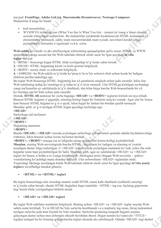 yoziladi: teg nomidan so’ng probellar bilan ajratilgan parametrlar kelishi mumkin; parametrlar ixtiyoriy tartibda keladi; parametrlar o’zining nomidan keyin keluvchi «=» belgisi orqali beriluvchi qiymatlarga ega bo’lishi mumkin. odatda parametrlar qiymati « » - «qo’shtirnoq» ichida beriladi. parametr qiymatida ba'zan yozuv registri muhim. agar parametr mohiyatida probel ishtirok etgan bo’lsa, u holda qavs, albatta yoziladi. parametr mohiyatida (teg va parametrlar nomidan farqli ravishda) ba'zida yozuv registri muhim bo’ladi. tegning parametr bilan yozilishiga misol: bu erda tegi uchun ikkita parametr berilgan. moxiyatsiz ko’rsatilgan birinchi parametr border. ikkinchi parametr align left mohiyatiga ega. shuni esda tutish lozimki, hamma teglar o’zining individual parametriga ega bo’lishiga qaramay, shunday bir qator parametrlar mavjudki, ularni bo’limining barcha teglarida ishlatish mumkin. bu parametrlar class, id, lang, language, style va title lardir. parametrlar class, id, stilelar internet explorerning 3.0 versiyasidan boshlab va netscapening 4.0 versiyasidan boshlab quvvatlanib keladi. bu parametrlar uslub (stil) lardan fodalanilganda kerak bo’ladi. parametrlar lang, language, …