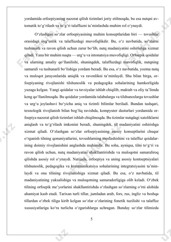 va yozilishdagi barqarorlikni ta’minlashdan iboratdir. shuningdek, orfoepik me’yorlarni ommalashtirishda ommaviy axborot vositalari, ta’lim tizimi va adabiy til vakillarining roli beqiyosdir. oʻzlashgan soʻzlarning noto‘g‘ri talaffuzi nutq madaniyatiga salbiy ta’sir ko‘rsatadi, shuning uchun orfoepiya masalasiga e’tiborli bo‘lish lozim. umuman olganda, oʻzlashgan soʻzlar orfoepiyasining asosiy kontseptsiyasi – ularning fonetik tuzilmasini oʻzbek tilining tabiiy qonuniyatlariga moslashtirish, talaffuz va yozuvdagi bir xillikni saqlash, adabiy til me’yorlariga amal qilishdan iboratdir. oʻzbek tili boshqa ko‘plab tillar qatori, tarixiy taraqqiyot davomida turli tillar bilan aloqa qilgan, boshqa tillardan so‘zlar, iboralar va atamalarni o‘zlashtirib borgan. tilning bu tabiiy jarayoni leksik boylikni kengaytiradi, biroq bu bilan birga yangi kirib kelgan so‘zlarning talaffuzi va yozuvi borasida bir qator orfoepik muammolarni ham yuzaga keltiradi. aynan shu nuqtai nazardan olib qaralganda, oʻzlashgan soʻzlar orfoepiyasi tilshunoslikda muhim nazariy va amaliy masala hisoblanadi. 1.2 talaffuz qoidalari va amaliy qoʻllanilishi. talaffuz qoidalari va amaliy qoʻllanilishi oʻzbek tilida o‘zlashgan so‘zlarning orfoepiyasini to‘g‘ri shakllantirishda muhim ahamiyatga ega bo‘lib, …