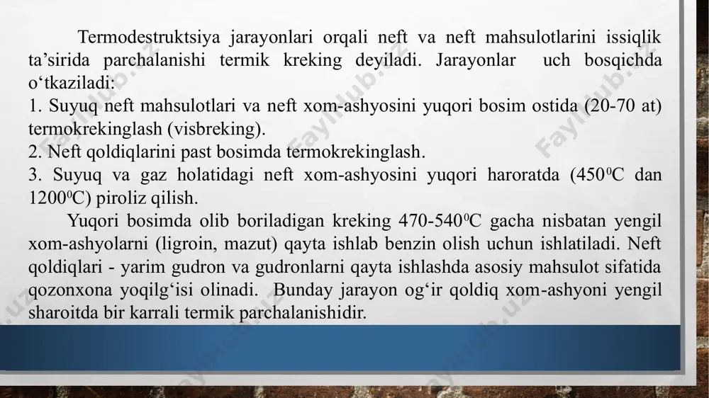irish pechi va bug‘latuvchini o‘z ichiga oluvchi yuqori haroratli sektsiya va fraktsiyalash, hamda sovutish sektsiyalari kiradi. texnologik jarayon tavsifi rasm. mazutni destruktiv haydash qurilmasining texnologik sxemasi: 1-quvurli pech; 2, 8- nasoslar; 3-bug‘latgich; 4-porshenli nasos; 5, 6- issiqlik almashtirgichlar; 7-sovitkich; 9-rektifikatsion kolonna; 10-bug‘latuvchi kolonna. расм. ректификацион ускунанинг алоҳида технологик параметрларнинг бир контурли арс ёрдамида тузилган автоматлаштириш системаси. 1- колонна ёқорисидаги ҳарорат ростлагичи, 2- таъминот ҳарорати ростлагичи, 3- калонна кубидаги сатҳ ростлагичи, 4- флегма сиғимидаги сатҳ ростлагичи, 5- колоннадаги босим ростлагичи, 6- иситиш буғи сарфи ростлагичи, 1а- дистиллят сарфи ростлагичи, 6а – пастдаги ҳарорат ростлагичи. асосий иқтисодий кўрсаткичлар ҳисоби № кўрсаткичлар ўлчов бирлиги лойиха бўйича 1 2 3 4 1 йиллик и/ч маҳсулот ҳажми а) натурал ифода б) товар маҳсулотининг қиймати т минг сум 600 000 8100000000 2 1 ўлчам маҳсулотнинг и/ч таннархи (ишлаб чиқариш сарфлари) сум / т 9919118,92 3 йиллик маҳсулотнинг таннархи минг сум 5951471352 4 маҳсулотнинг эркин - сотиш …