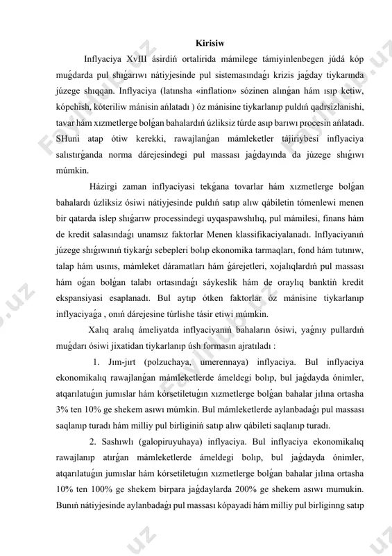 pul massası saqlanıp turadı hám milliy pul birliginiń satıp alıw qábileti saqlanıp turadı. 2. sashıwlı (galopiruyuhaya) inflyaciya. bul inflyaciya ekonomikalıq rawajlanıp atırǵan mámleketlerde ámeldegi bolıp, bul jaǵdayda ónimler, atqarılatuǵın jumıslar hám kórsetiletuǵın xızmetlerge bolǵan bahalar jılına ortasha 10% ten 100% ge shekem birpara jaǵdaylarda 200% ge shekem asıwı mumukin. bunıń nátiyjesinde aylanbadaǵı pul massası kópayadi hám milliy pul birliginng satıp alıw qábileti túsedi. mámleket xalqı ortasında puldıń materiallıqlastırıw, yaǵnıy milliy pul birligin toplawı emes, bálki altın, kóshpelis múlk jaǵdayında toplawı procesi kúshayadi. 3. asaw (giperinflyaciya) inflyaciya. bul inflyaciya jaǵdayında ónimler, atqarılatuǵın jumıslar hám kórsetiletuǵın xızmetlerge bolǵan baha- sortolar jılına 1000% ten artıq yamasa ayına 100% ten artıq dárejede asadı. bul jaǵdayda milliy ekonomikada krizis júzege shıǵadı. bunıń nátiyjesinde islep shıǵarıw hám bazar basqarıwsız iskerlik kórsetediti, baha hám mıynet haqı ortasındaǵı parq artadı. mámleket xalqı qolı daǵı qaǵaz pullarǵa tovarlar satıp aladı. bul jaǵday bolsa mámilede tavar massası menen tavar hám …