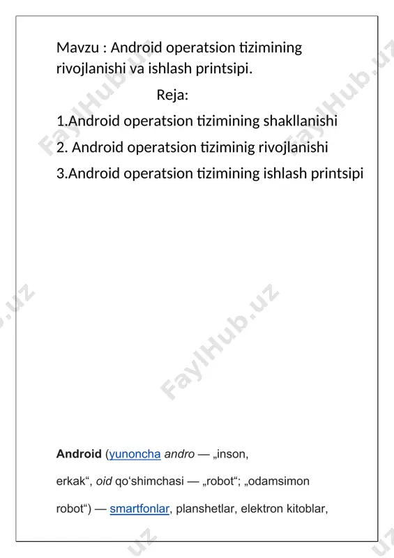 tsiyasida google butun android tarixida 2 milliarddan ortiq android qurilmalari faollashtirilganligini eʼlon qildi. android operatsion tizimi qurilmani google tomonidan ishlab chiqilgan kutubxonalari orqali boshqariladigan java ilovalarini ishga tushirish imkonini beradi. android native development kit sizga c va boshqa dasturlash tillarida yozilgan kutubxonalar va dastur komponentlari bilan ishlash imkonini beradi. google android incʼni sotib olishidan oldin raqamli kameralarni kompyuterlarga bogʻlashni taʼminlovchi oʻz operatsion tizimini ishlab chiqmoqchi boʻlgan[17] 2005-yil 11-iyulda google android incʼni 130 million dollarga sotib oldi[14]. 2007-yilning 5-noyabrida google open handset alliance (oha) tuzilganligini eʼlon qilib, birinchi ochiq mobil android tizimini namoyish etdi. android operatsion tizimining har bir versiyasining kod nomi avval boshida shirinliklar nomi bilan atalardi (bu anʼana 1.5[18][19] dan 9[20] gacha boʻlgan versiyalarda amal qilib keldi). ismlarning birinchi harflari versiya tartibida lotin alifbosidagi harflarga mos keladi: 1.5 cupcake („keks“), 1.6 donut („boʻgʻirsoq“), 2.0/2.1 eclair („ekler“ shirinligi), 2.2 froyo (muzlatilgan yogurt — inglizcha frozen yogurt soʻzining qisqartmasi), 2.3 gingerbread …