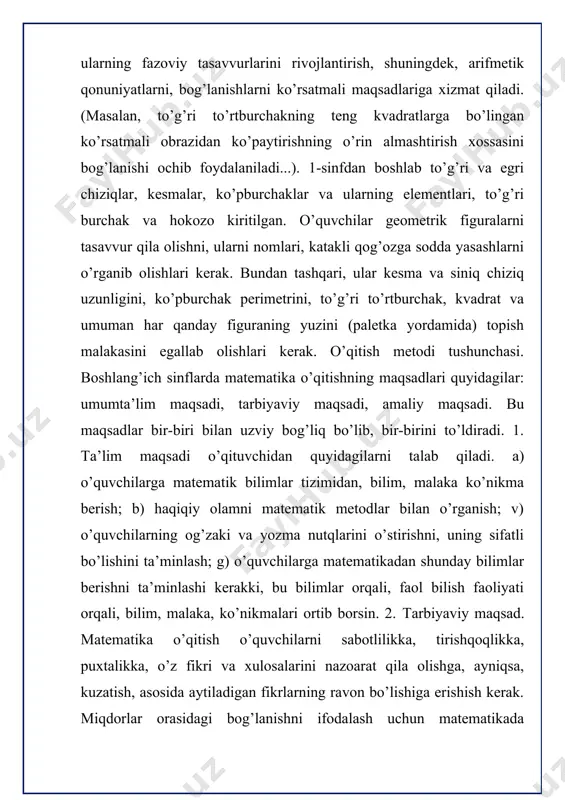 rollantiradi, ammo boshqa har qanday fan kabi pedagogika fanining ham xususiy tadqiqot metodlari mavjud. ilmiy tadqiqot metodlari - bu qonuniy bog’lanishlarni, munosabatlarni, aloqalarni o’rnatish va ilmiy nazariyalarni tuzish maqsadida ilmiy axborotlarni olish usullaridir. kuzatish, tajriba, maktab hujjatlari bilan tanishish, o’rganish, suhbat va so’rovnomalar o’tkazish, ilmiy pedagogik tadqiqot metodlari jumlasiga kiradi. so’nggi vaqtlarda matematik va kibernetik metodlardan, shuningdek, modellashtirish metodlaridan foydalanish qayd qilinmoqda. boshlang’ich matematika o’qitish metodikasida butun pedagogik tadqiqotlarda qo’llaniladigan metodlarning o’zidan foydalaniladi. kuzatish metodi – odatdagi sharoitda kuzatish natijalarini tegishlicha qayd qilish bilan pedagogik jarayonni bevosita maqsadga yo’naltirilgan holda idrok qilishdan iborat. kuzatish metodidan o’quv-tarbiya ishining u yoki bu sohasidagi ishning qanday borayotganini o’rganish uchun foydalaniladi. bu metod o’qituvchi va o’quvchilarning faoliyatlari haqida majbur qilinmagan tabiiy sharoitda faktik material to’plash imkonini beradi. kuzatish vaqtida tadqiqotchi o’quv jarayonining odatdagi borishiga aralashmaydi. kuzatish aniq maqsadni ko’zlangan reja asosida uzoq yoki yaqin vaqt oralig’ida davom etadi. kuzatishning borishi, faktlar, sodir bo’layotgan voqealar, …
