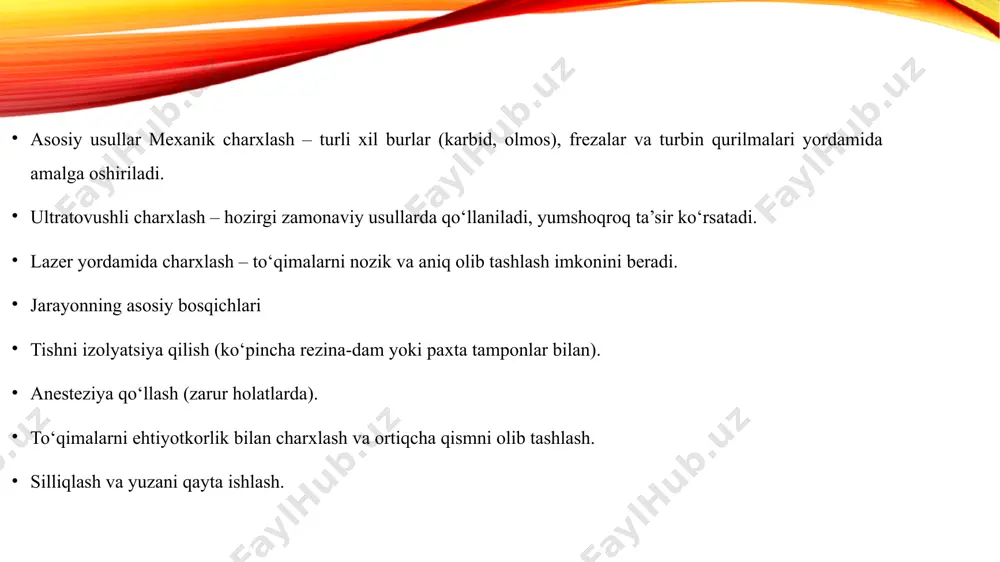 to‘qimalarni selektiv ravishda yemirish imkoniyati kutilmoqda. xulosa tish qattiq to‘qimalarini charxlash zamonaviy stomatologiyada eng asosiy jarayonlardan biridir. uning samarasi – ishlatiladigan texnologiya, asbob sifati, shifokor malakasi va xavfsizlik qoidalariga rioya etishga bog‘liq. innovatsion usullar (lazer, ultratovush, havo-abraziv texnologiyalar) charxlashni yanada aniq va og‘riqsiz qiladi. bunda bemorning xavfsizligi, shifokorning professional yondashuvi va steril sharoit asosiy mezon hisoblanadi. image2.png image3.jpeg image4.jpeg image5.jpeg image6.png image7.jpeg image8.jpeg image9.png image1.png eeth - 1 /docprops/thumbnail.jpeg