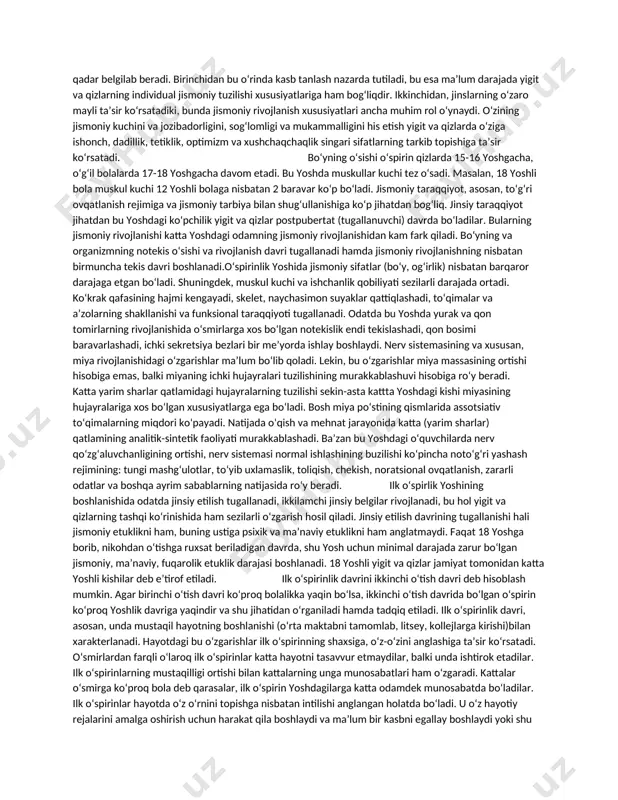 il bilim olish) yigit va qizlarda dunyoqarashning shakllanishiga, ularda mustaqillik va burch hissining tarkib topishiga, bilimning turli sohalarida ularning ijodiy qobiliyatini avj oldirishga katta ta’sir ko‘rsatadi. rus psixologi l.i.bojovich ilk o‘spirinlik davrida shaxs motivatsion sohasining rivojlanishiga urg‘u beradi: o‘quvchilarning hayotda o‘z o‘rnini va ichki pozitsiyasini aniqlashi, dunyoqarashning shakllanishi va uning bilish faoliyatiga, o‘z-o‘zini anglashga va axloqiy ongga ta’siri nazarda tutiladi. ilk o‘spirinlar mustaqil hayot sohasida yaqin istiqbolga ega bo‘lar ekanlar, o‘zlarining hayot yo‘llarini belgilab olishga, bundan buyongi mehnat faoliyatlarining aniq istiqbollarini aniqlab olishga, o‘zlarining kelgusi ixtisoslarini tanlashga intiladilar. shu munosabat bilan kasb-hunarga oid qiziqishlar tarkib topadi va yanada barqarorroq bo‘lib qoladi, yigit va qizlar o‘z kelajaklari haqida jiddiyroq o‘ylay boshlaydilar. ilk o‘spirinlik davridagi jismoniy rivojlanish ustida to‘xtalib o‘tamiz, bu narsa quyidagi sabablarga ko‘ra muhimdir. jismoniy rivojlanishning ayrim xususiyatlari ilk o‘spirin shaxsining ayrim sifatlari rivojlanishiga ma’lum darajada ta’sir ko‘rsatadi va uning bundan keyingi hayot faoliyati sohasidagi imkoniyatlarini bir qadar belgilab beradi. …