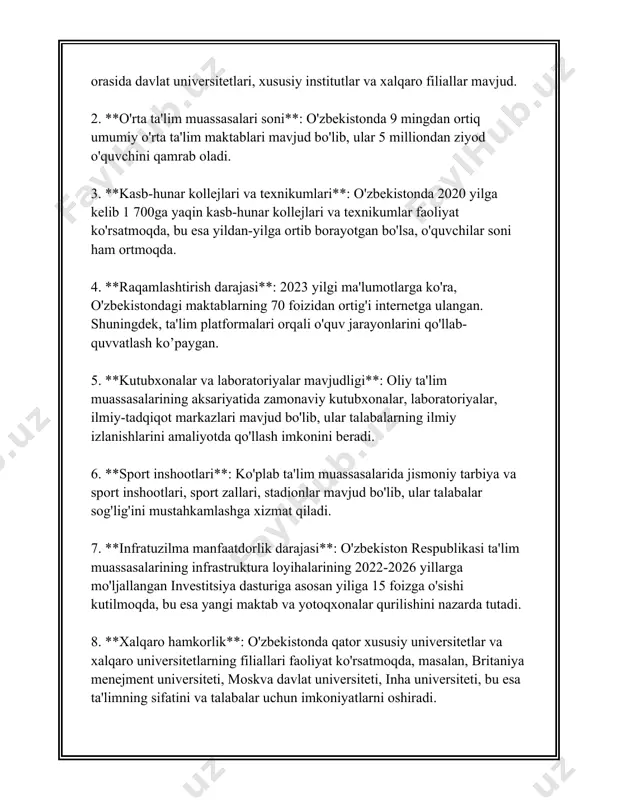 m oladi. 2021 yilda, masalan, o'zbekistonda taxminan 600 ming talaba oliy ta'lim muassasalarida tahsil olgan. 5. **tadbirkorlik va biznes boshqaruvi:** karyera yo'nalishida tadbirkorlik va biznes boshqaruvi bo'yicha kurslarda ishtirok etish muhim ahamiyatga ega. 2020 yilda o'zbekistonda kichik va o'rta biznes sub'yektlarining soni 20% ga o'sdi. buning sababi, ko'plab yosh mutaxassislar o'z bizneslarini boshlash istagida edilar. 6. **mehnat staji:** ko'pgina mutaxassisliklarda muvaffaqiyatga erishish mehnat staji va tajriba bilan bevosita bog'liq. masalan, it va hisobchi sohalarida 5 yildan ortiq tajribali xodimlarning maoshi boshlang'ich darajadagi xodimlarga nisbatan o'rtacha 50% ga yuqori. 7. **tillar bilimining ahamiyati:** ko'plab xalqaro kompaniyalar xodimlaridan bir nechta tilni bilishni talab qiladilar. masalan, 2021 yilda o'zbekistonda faoliyat yurituvchi xalqaro kompaniyalarning 70% i ingliz tilida mukammal so'zlasha oladigan mutaxassislarni izlagan. 8. **ish o'rinlari yaratish:** har yili o'zbekistonda minglab yangi ish o'rinlari yaratiladi. 2022 yildagi ma'lumotlarga ko'ra, o'zbekistonda 200 mingdan ortiq yangi ish o'rinlari yaratilgan bo'lib, bu asosan, xizmat ko'rsatish va ishlab …