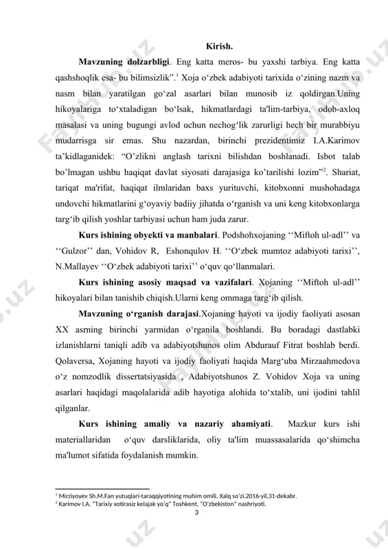 ‘‘miftoh ul-adl’’ hikoyalarining nashr etilishi xoja ijodini o‘rganish va unga dastlabki qiziqish boshlanishidan darak beradi.”[footnoteref:3] tadqiqotchi a. fitrat, n.mallayev, v.zohidov, s. qosimov singari adabiyotshunoslarning bu boradagi izlanishlarini ilmiy jihatdan tahlil qiladi. abdurauf fitrat ‘‘o‘zbek adabiyoti namunalari’’ majmuasida ‘‘miftoh ul-adl’’[footnoteref:4]dan sakkizta hikoyaga o‘rin beradi. biroq olim asar noma'lum qalamkash tomonidan ijod etilganligini e'tirof etadi. shuningdek, u ‘‘miftoh ul-adl’’ning yozilgan davrini xiv asr sifatida ko‘rsatadi. bu fikr keyingi yillarda nashr etilgan majmualarda, hatto taniqli sharqshunos olim e.e.bertels tadqiqotlarida ham oʻz saqlab qoladi.[footnoteref:5] [3: mirzaahmedova m. xoja. toshkent: -fan, 1975, 5-b.] [4: a.fitrat ‘‘o‘zbek adabiyoti namunalari’’ toshkent - samarqand, 1928] [5: a.fitrat “o’zbek adabiyoti namunalari” toshkent - samarqand, 1928 3-12 b.] adabiyotshunos v.zohidov xoja va uning asarlari haqidagi maqolalarida ’’miftoh ul-adl’’ xvi asrning taniqli adibi xoja tomonidan shayboniyxonning o‘g‘li muhammad temur sultonga bag‘ishlab yozilganligini ma'lum qiladi. [footnoteref:6] [6: zohidov v. ‘‘miftoh ul-adl’‘ va ‘‘gulzor haqida.] shuningdek, olim suyima g‘aniyeva bilan hamkorlikda har ikkala …
