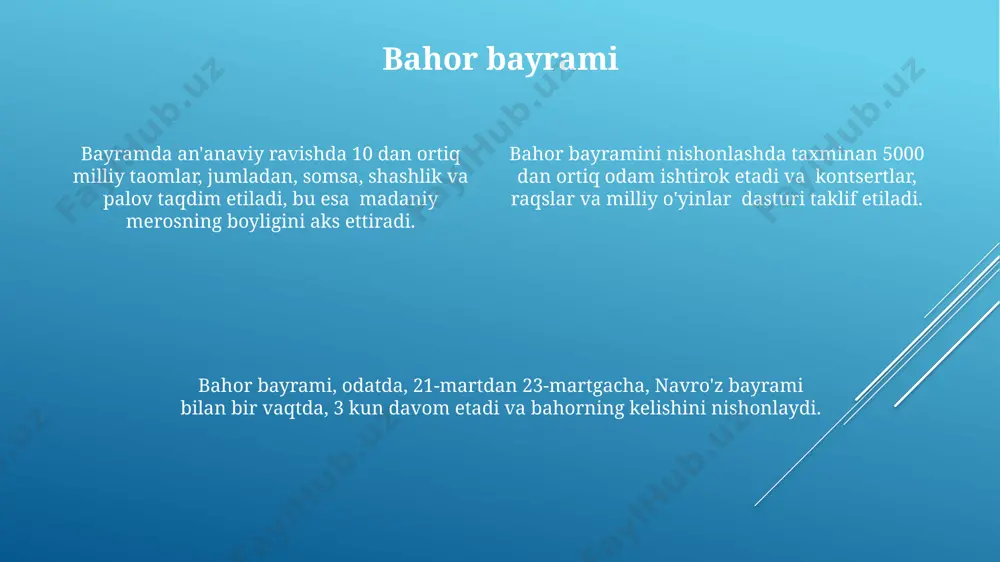 rtiq konsert dasturlari, bolalar uchun o'yin-kulgi zonalari va sehrli shoular bo'lib, har yili taxminan 50 ming kishi tashrif buyuradi. yangi yil bayrami munosabati bilan koshkadaryo shahri va tumanlarida 20 dan ortiq katta-kichik rojdestvo daraxtlari o'rnatiladi, ular bayram kayfiyatini yanada kuchaytiradi. yangi yil bayrami koshkadaryoda, odatda, 31 dekabr kuni kechqurun boshlanadi va 1 yanvarga o'tar kechasi davom etadi, minglab odamlar ishtirok etadi. e'tiboringiz uchun rahmat @taqdimot_robot