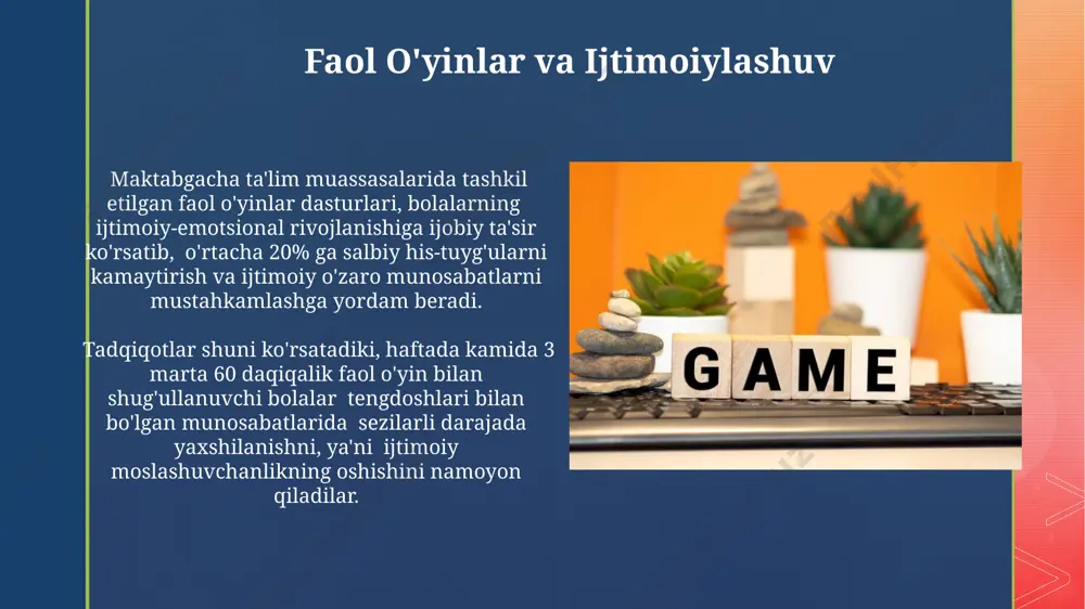 ingdek, o'ziga ishonchni kuchaytiradi. voyaga yetganlar uchun faol o'yinlar jamoaviy faol o'yinlar, masalan, voleybol yoki basketbol, 2-4 kishidan iborat jamoalar bilan o'ynalib, ijtimoiy aloqalarni mustahkamlashga va stressni kamaytirishga yordam beradi. voyaga yetganlar uchun mo'ljallangan faol o'yinlarning 30% dan ortig'i jismoniy tayyorgarlik darajasini oshirishga qaratilgan bo'lib, bu esa turli xil mushak guruhlarining kuchayishiga olib keladi. faol o'yinlarning ta'rifi o'yinlarning faol turi, masalan, to'p o'yinlari (futbol, basketbol), raqs, yugurish kabi 10 dan ortiq turini o'z ichiga olib, har xil yoshdagi odamlar uchun moslashtirilgan turli xil intensivlikdagi mashqlarni ta'minlaydi. faol o'yinlar bolalar va kattalar uchun sog'lom turmush tarzini shakllantirishda muhim ahamiyatga ega bo'lib, yurak-qon tomir sistemasini 15-20% kuchaytiradi va metabolizmni tezlashtiradi. harakatli o'yinlarning tarixi qadimgi misrda, taxminan 3000 yil avval, "senet" kabi taxta o'yinlari nafaqat o'yin-kulgi, balki strategik fikrlash va matematik hisob-kitoblarni rivojlantirish vositasi sifatida qo'llanilgan. 20-asrning o'rtalaridan boshlab, jismoniy faollikka yo'naltirilgan zamonaviy sport o'yinlari, masalan, basketbol yoki futbol, butun dunyo bo'ylab millionlab …
