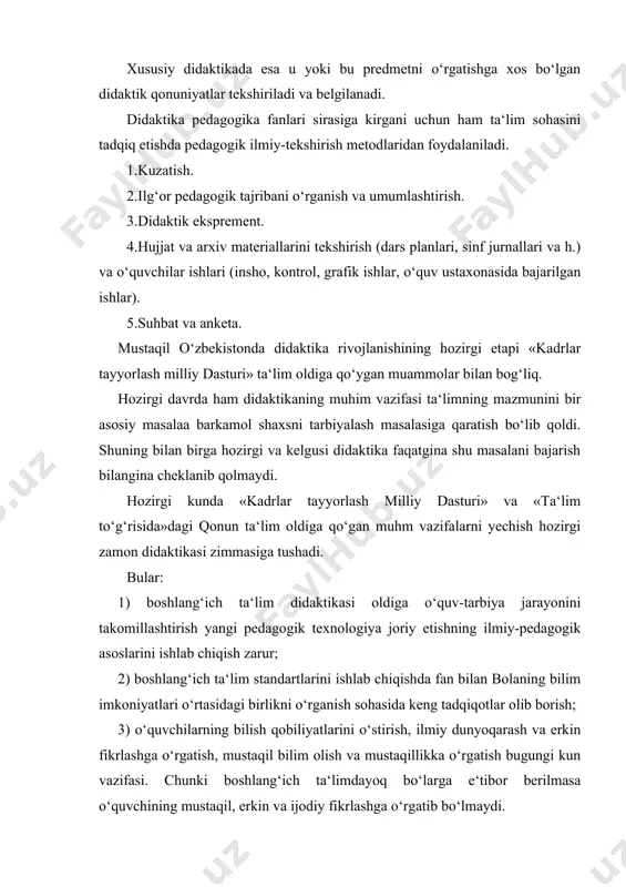 o‘larga e‘tibor berilmasa o‘quvchining mustaqil, erkin va ijodiy fikrlashga o‘rgatib bo‘lmaydi. 4) boshlang‘ich sinf o‘qituvchilarini «kadrlar tayyorlash milliy modeli» talablari asosida tayyorlash. ularni yuqori professional qobiliyatga ega, bilimdon, pedagogik mahoratli bo‘lishlariga erishish. adabiyotlar ro'yxati. i. а. kаrimоv. yuksаk mа`nаviyat еngilmаs kuch. t. shаrq 2008. 2. i. а. kаrimоv. bаrkаmоl аvlоd o’zbеkistоn tаrаqqiyotining pоydеvоri. t. 1997. 3. kаdrlаr tаyyorlаsh milliy dаsturi t. 1997. 4. оchilоv m. оliy mаktаb pеdаgоgikаsi.t. 2008. 5. оchilоv. m. muаllim қаlb mе`mоri. t. 2003. 6. munаvvаrоv. pеdаgоgikа. t. o’qituvchi 1996.