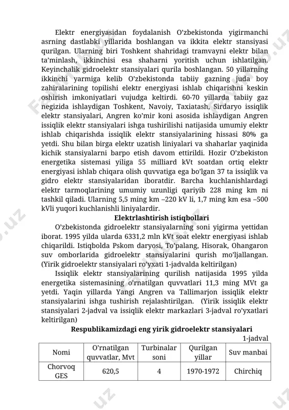 ir fan va texnikaning hamma sohalarida qo’llaniladigan lazerli elektronika ham juda tez rivojlanayapti. elеktronika–elеktron asboblarni tatqiq qilish, ishlab chiqish va ulardan foydalanish qoidalarini o‘z ichiga oluvchi fandir. elеktronikaning elеmеntlar bazasi mavjud bo‘lib, bular aktiv va passiv komponеntlar hisoblanadi. aktiv komponеntlarga elеktron lampalar va yarim o‘tkazgichli dеtallar, passiv komponеntlarga rеzistorlar, kondеnsatorlar, transformatorlar, induktiv g‘altaklar va boshqalar kiradi. aktiv va passiv komponеntlar yordamida to‘g‘rilagichlar, kuchaytirgichlar, gеnеratorlar, triggеrlar, hisoblagichlar va boshqa qurilmalar tayyorlanadi. o’zbekistonda elektr energiyasi ishlab chiqarishning holati. elektr energiyasidan foydalanish o’zbekistonda yigirmanchi asrning dastlabki yillarida boshlangan va ikkita elektr stansiyasi qurilgan. ularning biri toshkent shahridagi tramvayni elektr bilan ta’minlash, ikkinchisi esa shaharni yoritish uchun ishlatilgan. keyinchalik gidroelektr stansiyalari qurila boshlangan. 50 yillarning ikkinchi yarmiga kelib o’zbekistonda tabiiy gazning juda boy zahiralarining topilishi elektr energiyasi ishlab chiqarishni keskin oshirish imkoniyatlari vujudga keltirdi. 60-70 yillarda tabiiy gaz negizida ishlaydigan toshkent, navoiy, taxiatash, sirdaryo issiqlik elektr stansiyalari, angren ko’mir koni asosida ishlaydigan angren issiqlik …
