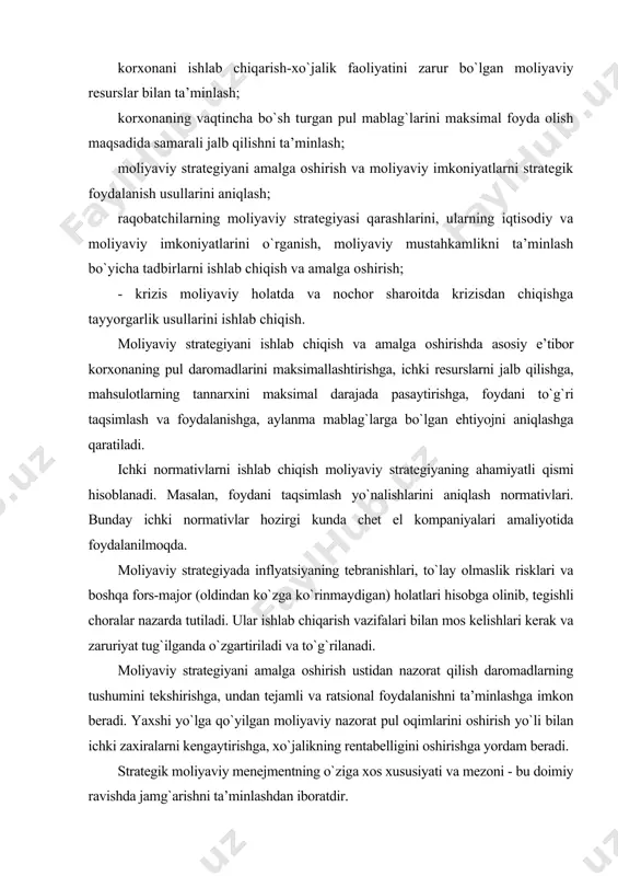 itasida samarali rivojlanishga ikkita asosiy yo`l bilan erishish mumkin: ichki va tashqi. ichki yo`l korxonaning o`z tajribasi va imkoniyatlariga suyanadi. tashqi yo`l - bu boshqa samarali ishlayotgan korxonalarni yutuq va tajribalarining ishlayotgan korxonaga joriy etilishi. moliyaviy menejment moliyaviy qo`yilmalarga, moliyalashtirish jarayoni va yuqori foyda olishga tabaqalashtirilgan holda yondoshadi. kapital harakatini olib borish jarayonida korxona moliyaviy barqarorligini ta’minlash, to`lov qobiliyatini yaxshilash va bankrotlikning oldini olishga harakat qilish lozim. moliyaviy menejment strategiyasining maqsadi - doimiy uzoq yillar davomida foyda olishdir. moliyaviy rejalashtirish - moliyaviy boshqarishning tarkibiy qismi. moliyaviy rejalashtirishning mohiyati, tamoyillari va vazifalari bozor munosabatlari sharoitida turli shakldagi tadbirkorlik subyektlari tashkil etilayotganligi muhim ahamiyatga ega. bunday tadbirkorlik subyektlarining moliyaviy boshqaruvida rejalashtirish asosiy rol o`ynaydi. iqtisodiyotning barcha shakllarida ishlab chiqarish va iste’mol bo`g`inlarining izchil va bir maromda ishlashi, ishlab chiqaruvchi kuchlarni oqilona joylashtirish va moliyaviy resurslardan samarali foydalanish imkonini beradi. rejalashtirish - boshqarishning tarkibiy qismlaridan biri bo`lib, u iqtisodiy tizimning kelgusi holatini, unga …