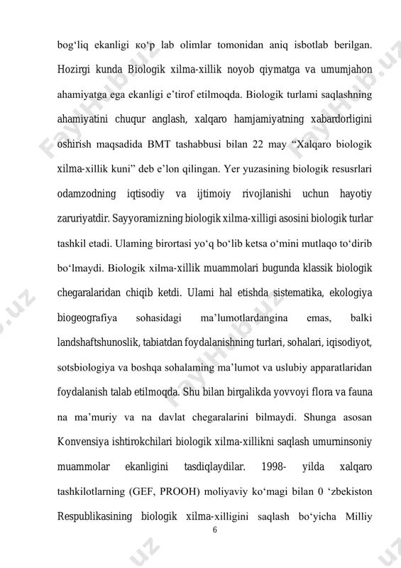 ma-xillik va 9 qashshoqlikni kamaytirish - barqaror rivojlanish uchun qiyinchiliklar", "biologik xilma-xillik: o'zgaruvchan dunyoda hayotni sug'urtalash", "iqlim o'zgarishi va bioxilma-xillik", "biologik xilma-xillik", "biologik xilma-xillik mavzusini yangilash, odamlarning hayotini saqlab qolish va ularning turmush darajasini oshirish" va boshqalar. 3. bioxilmaxillik–odamlar hayoti uchun muhim resurslar manbai. bioxilmaxillikning yovvoyi va xonaki (madaniy- lashtirilgan) komponentlaridan biz oziq-ovqat, kiyim-kechak, ovqat pishirish va uy qurish, mebel yasash uchun yogʻoch, tibbiyot, sanoat mahsulotlari ishlab chiqarish uchun materiallar olamiz. bioxilmaxillikdan olinadigan foydani ikki qismga ajratish mumkin. biologik xizmatlar: oʻzbekiston asosan qishloq xoʻjalik mamlakati. ammo qishloq xoʻjaligida ishlab chiqarish toʻlaligicha tabiat sifatiga bogʻliq. bioxilma-xillik maqbul sifatni quvvatlash boʻyicha xizmatlar koʻrsatadi. biologik turlar rang-barangligi qancha kam boʻlsa, ular shuncha kam xizmatlar koʻrsatadi va qishloq xoʻjalik ishlab chiqarishi hamda qishloqlardagi hayot uchun tabiiy resurslar sifati shuncha past boʻladi. mahsulotlardan toʻgʻridan-toʻgʻri foydalanish: mamlakatimizda bioxilma-xillik mahsulotlaridan foydalanish yonilgʻi sifatida ishlatish 10 uchun yogʻoch yigʻish, ovchilik, oziq-ovqat sifatida ishlatiladigan oʻsimliklarni, dorivor giyohlarni terish va …