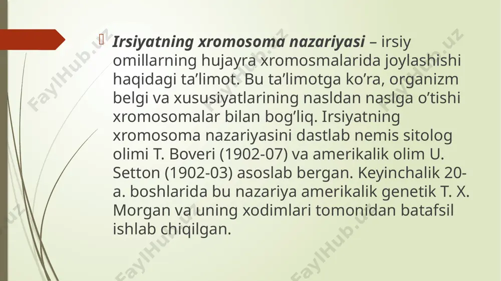 rganidalarda belgilanib, sentromeralarning joylashishi ham ko’rsatiladi. odam hujayrasida 23 juft xromosoma bo’lib birikkan gen guruhlari 23 ga teng. lekin hozirgacha har bir xromosoma uchun undagi genlarning xaritasi oxirigacha tuzilgan emas. bitta xromosomadagi genlarning bir-biriga nisbatan qiyosiy joylashuvini tasvirlovchi chizmaga genetik xarita deyiladi. xromosomalarni mikroskopda kuzatib sitologik va gibridologik natijalarni solishtirib tuziladi. e’tiboringiz uchun raxmat image1.png image2.png image3.png image4.png image5.png image6.png image7.png image8.png /docprops/thumbnail.jpeg
