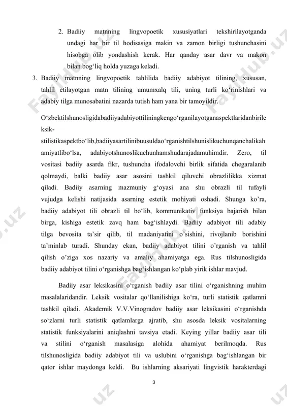 ng aksariyati lingvistik harakterdagi asarlar bo‘lib, ma’lum biror uslub uchun xos bo’lgan leksik vositalarning obrazlilikni, estetik ta’sirchanlikni ta’minlash jarayonlaridagi roli tahlil qilinadi. bu asarlar orasida ayniqsa, poeziya tili va poetik nutq masalalariga bag‘ishlashgagina ikki to‘plam xarakterlidir. “слововрусскойсоветскойпоэзии” kitobida poeziyada so‘z, so‘zning poetik nutq jarayonidagi roli, obrazlilikni ta’minlash ko‘lami, poetik nutq stilistikasi, so‘z qo‘llash novatorligi, masalalari atroflicha, faktik materiallar asosida tahlil qilinadi. “языковыепроцессысовременнойрусскойхудожественнойлитератури” kitobida hozirgi poeziya tilining xususiyatlari rus poeziyasi maateriallari asosida tahlil qilinadi. kitobda poeziya tilining yuqori va poetik leksikasi, arxaik so‘zlarning poetik nutq jarayonida leksik vosita sifatida bajaradigan vazifasi masalalari, shuningdek, bu leksik elementlarni o‘rganish muhimligi qayd etiladi. o‘zbek filologiyasida badiiy asar tili va uslubini o’rganish uzoq tarixga ega bo‘lmasada, bu sohadagi muvoffaqiyatlarni ko‘rsatuvchi bir qator ishlar mavjud. shuni alohida ta’kidlash lozimki, o‘zbek filologiyasida badiiy adabiyot tilini o‘rganishga bag‘ishlangan ishlarning ko‘pchiligi asosan maqola xarakteridagi ishlardir. o‘zbek badiiy adabiyoti tilini o‘rganishga bag‘ishlangan ilmiy tadqiqot ishlarini xarakteri jihatidan 3 ga bo‘lish …