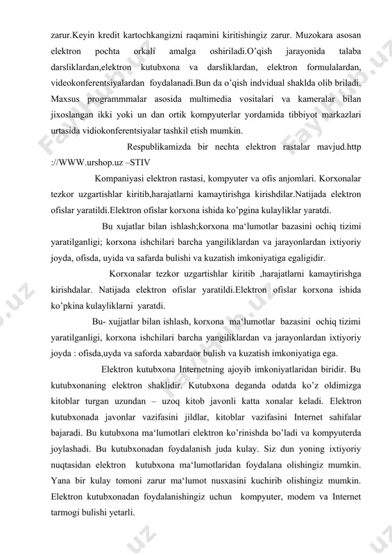 tasidan elektron kutubxona ma‘lumotlaridan foydalana olishingiz mumkin. yana bir kulay tomoni zarur ma‘lumot nusxasini kuchirib olishingiz mumkin. elektron kutubxonadan foydalanishingiz uchun kompyuter, modem va internet tarmogi bulishi yetarli. faraz qilaylik, elektron kutubxonadan foydalanmoqchisiz. biror ma‘lumot bilan tanishmoqchisiz. kompyuter va internet yordamida ma‘lumotni bir necha daqiqada topish mumkin. ma‘lumot dunyoning ixtiyoriy nuqtasidan bir pastda ekranda tasvirlanadi. bun ing uchun siz kompyuterning tugmachasini bosishingiz va elektron kutubxonaga kirishingiz yetarlidir. bir necha dakikada ma‘lumot kuz oldingizda namoyon bo’ladi. bu mu‘jizani eslatadi. bu mu‘jiza virtuallik deb ataladi. unga faqat kompyuter va maxsus tarmok orkali erishish mumkin. bir necha yil avval bir makolani topishga bir necha oy vaqt sarflash zarur edi. bugun buning uchun boshka shaharga borish va vaqt sarflash zarurati yukoldi. elektron kutubxonalar yordamga keldi. elektron kutubxonalarni tulicha nomlashadi: . elektron kutubxona . virtual kutubxona . v- kutubxona . v- library . digital library virtual kutubxona uzi nima? oxirgi paytda virtual dun yo, virtual …
