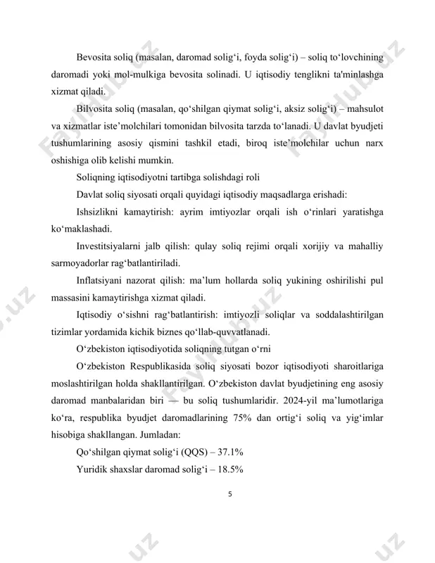 olinadi. jismoniy shaxslar daromad solig‘i – aholining ish haqi yoki boshqa daromadlariga solinadi. mulk solig‘i – yuridik yoki jismoniy shaxs egaligidagi ko‘chmas mulk, transport vositalari uchun belgilanadi. yer solig‘i – yer uchastkalari uchun undiriladi. 2. bilvosita soliqlar bu soliqlar tovar yoki xizmatlar narxi tarkibiga kiritiladi va iste’molchi tomonidan bilmasdan to‘lanadi. qo‘shilgan qiymat solig‘i (qqs) – ishlab chiqarishning har bir bosqichida yaratilgan qo‘shimcha qiymatga solinadi. aksiz soliqlari – alkogol, tamaki mahsulotlari, benzin, avtomobillar kabi maxsus mahsulotlarga nisbatan qo‘llaniladi. import bojlari va yig‘imlar – chetdan olib kirilayotgan mahsulotlarga solinadigan soliqlar. 2024-yil holatiga ko‘ra, o‘zbekiston byudjet daromadlarining asosiy qismini bilvosita soliqlar, ayniqsa qqs (37.1%) tashkil etgan. bu esa bilvosita soliqlarning fiskal ahamiyatini ko‘rsatadi. soliq tizimining asosiy funksiyalari soliq tizimi nafaqat daromad yig‘ish mexanizmi, balki davlatning iqtisodiy va ijtimoiy siyosatini amalga oshiruvchi kuchli vositadir. uning asosiy funksiyalari quyidagilar: 1. fiskal (moliyaviy) funksiya bu funksiya soliq tizimining asosiy va eng muhim vazifasi hisoblanadi. u davlat …