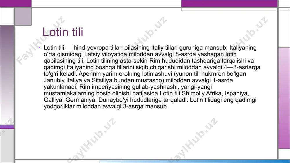 i va grammatik kurilishi barqarorlashdi. adabiy lotin tili tarqalgan barcha hududlarda u maʼmuriy boshqaruv, savdo-tijorat, maktab tili edi; oʻrta asrlarda butun gʻarbiy yevropa umumiy yozuv tili boʻlib qoʻllandi; 18—19-asrlargacha diplomatiya, ilm-fan va falsafa tili, 20-asrda esa katolik cherkovi tili, vatikanning (italyan tili bilan birga) rasmiy tili boʻlib qoldi. lotin tili yevropa madaniyati rivojida ulkan rol oʻynadi. yevropa tillaridagi siyosiy, ilmiy va texnik terminologik tizimlarning leksik jihatdan boyishi va koʻpayib borishiga ijobiy taʼsir koʻrsatdi. lotin tili qadimiy til lotin tili qadimiy hind-yevropa tillariga xos, uni xett tili, hind-eron, kelt tillari bilan yaqinlashtiruvchi xususi-yatlarni saqlab qolgan. asosiy fonetik jihatlari unda unlilar chuzikli-gining fonologi k farqlanishiga egaligi, urgʻu soʻzning oxirgi boʻgʻiniga tushmasligi, undoshlarning kuchsizlanib borishi kabilardan iborat. morfologik xususiyatlari: fleksiyadan shakl yasashning asosiy vositasi sifatida foydalanish, fleksiyaning 5 turi mavjudligi, turlanishning 6 kelishikka asoslanishi, feʼllarda 3 xil mayl (indikativ, konʼyunktiv, imperativ) va 2 xil nisbat (aktiv va oʻrta passiv) farqlanishi va boshqa soʻz …