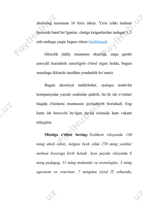 asblari klassifikatorida tegishli o‘zgartirishlar kiritilib, 2 035ta kasblarga bo‘lgan talablar oliy ma'lumotdan o‘rta ma'lumotga tushirildi. bundan tashqari, oliy ma'lumot talab etadigan bo‘sh ish o‘rinlariga nomzodning talab etiladigan ma'lumoti bo‘lmasa-da, lekin amaliy ko‘nikma va tajribasi mavjud bo‘lsa, malakani baholash markazlarida imtihon topshirib, ularning guvohnomasi bilan ishga kirishi mumkin. ishchi kasblar bo‘yicha yaxshi mutaxassislarga talab va ularning ish haqi darajasi ham oshmoqda. kasblar bo‘yicha hisobchi — 8,4 ming (3,6 foiz), haydovchi — 8,6 ming (3,7 foiz), tikuvchi — 7,4 ming (3,2 foiz), maktabgacha ta'lim muassasalarida tarbiyachi va tarbiyachi yordamchisi — 5,7 ming (2,4 foiz), muhandis — 3,1 ming (1,3), chilangar — 3,8 ming (1,6 foiz), oshpaz — 2,4 ming (1 foiz), duradgor — 4,9 ming (2,1 foiz), sotuvchi 2,1 ming (1 foiz) va hokazolarga talab mavjud. 2.2. farg’ona ishsizlik statistikasi. farg'ona viloyati hududlari bo‘yicha iqtisodiy faol aholi, bandlar va ishsizlar soni iqtisodiy faol aholi soni jami, ming kishi ulardan: ishsizlik darajasi, foizda …