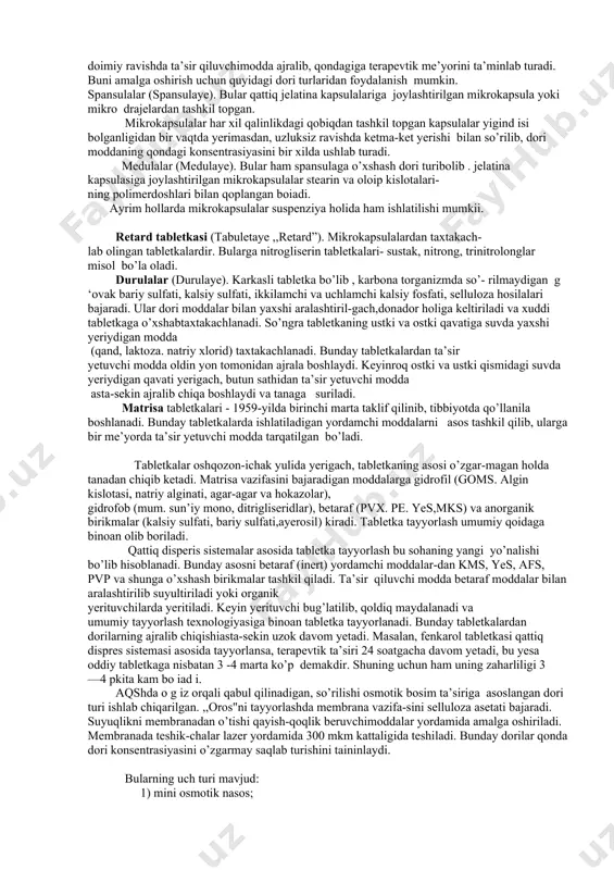 ’shib ishlatiladi. ayniqsa, bunday dori turlari yurak, buyrak va yallig’lanish kasalliklarini davolashda juda qo’l keladi. tibbiyot fanlari akademiyasining saraton kasalliklari ilmiy markazida „chuntak" tomchi dorisi („karmannaya" kapelnisa) taklif qilingan bo’lib. uning yordamida 100 soatgacha qonda dorilarning konsentrasiyasini bir xilda ushlab turish imkoniyati yaratildi. qavatlar orasi freon, boshqa gazlar bilan toldirilgan boladi. maxsus teshikcha orqali idishga yeritma solinadi. idish ichi suyuqlik kateter (rezina naycha) orqali ignadan qon tomiriga (venaga) yuboriladi. asbob yelkaga, bilakka. qoltiqqa, biqinga. songa biriktirilib qo’yilishi mumkin. tana haroratida freon ichki kameraga bosim beradigan yeritmani siqadi. bosim ostida yeritma rezina naychadan igna orqali qon tomiriga tomchi lab o qib turadi. ,,cho’ntak“ tomchi dorisi: 1 - yeritma; 2 - yeritma quyiladigan qopqoq; 3 - zich berkilishni ta’minlovchi rezina; 4 - katetr; 5 - qayishqoq kamera: 6 - bosimni ta’minlab turuvchi freon. yaponiyada plastmassadan tayyorlanga n implantasiyaga mo’ljallangan kanamisin kapsulasi taklif qilingan bo’lib. bu dori turi ta’siri bir yilgacha yetadi. progesteron …