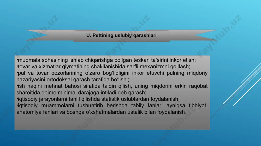 hamda lyudovik iv xonadonida tabiblik qildi. fransiyadagi bir qator iqtisodiy muammolarning yuzaga kelishi uni iqtisodiyot ilmi sir-asrorlarini o‘rganishga chog‘lantirdi. eng muhimi shundaki, u oltmish yoshidan boshlab iqtisodiyot muammolari bilan bevosita shug‘ullana boshladi. f.kenening iqtisodiy g‘oyalari aynan qirol saroyida – versalda yuzaga keldi. “dehqonchilik davlati iqtisodiy siyosatining umumiy prinsiplari” (1758); “hunarmandchilik mehnati to‘g‘risida”(1758); “iqtisodiy jadval” (1758). iqtisodiy muammolarga bag‘ishlangan asarlari f. kenening iqtisodiy qarashlari f. kene tabiiy tartib konsepsiyasini ishlab chiqdi, unga ko‘ra jamiyatning har bir a’zosi har qanday huquqiy faoliyatni amalga oshirish uchun to‘la erkinlikka ega bo‘lishi kerak; tabiiy tartibning yuridik asosi–xususiy mulkni va xususiy manfaatlarni muhofaza qiluvchi, ne’matlarni ishlab chiqarish va to‘g‘ri taqsimlashni ta’minlovchi davlatning jismoniy va ma’naviy qonunlari hisoblanadi; tabiiy tartibning mohiyati–bir kishining shaxsiy manfaati barchaning umumiy manfaatlaridan hech qachon ajralgan bo‘lishi mumkin emas, individga foydali narsa jamiyatga ham foydali, foydali bo‘lmaganini jamiyat ham qabul qilmaydi; qishloq xo‘jaligini xalq xo‘jaligida eng barqaror tarmoq hi-soblagach, iqtisodiy hodisa va jarayonlarni …