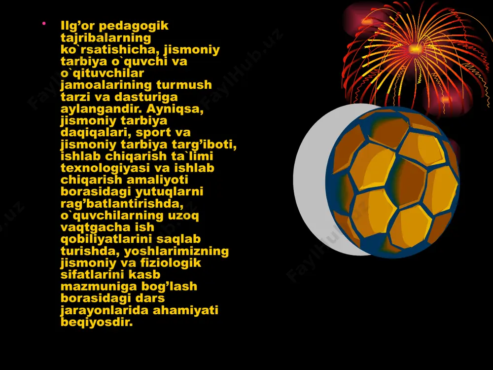 qi ko`rinishidagi garmoniya, go`zallik shaklidir. jismoniy madaniyat tarbiyaning tarkibiy qismidir. jismoniy madaniyat mazmuniga quyidagilar kiradi: inson a`zolarining tuzilishi va ularning funksional kamoloti- ichki a`zolar, nerv va harakat, suyak-muskul tizimi, badanning uyg’unligi va ularning funksional faoliyatini boshqarish. o`quvchilarning sog’lig’ini mustahkamlash. gigiyena qoidalariga ko`nikish. o`quvchilarning har tomonlama mohirligini o`stirish. bo`lajak ishchi-mehnatkashlarning jismoniy va fiziologik sifatlarini kasb ahamiyati jihatidan shakllantirish,uning ish qobiliyatini oshirish. o`quvchilarning jismoniy va yosh hususiyatlari uchun sharoit yaratish. iroda, chidamlilik, qat`iy intizom, do`stlik va o`rtoqlik hissi, kamol topish va o`z-o`zini rivojlantirish uchun harakat qilishni tarbiyalash. shaxsiy jismoniy qobiliyatlarini kamol toptirish jismoniy tarbiya mazmuni yetarli darajada kengdir. ularni amalga oshirish yoshlarimizning turmush tarzini, jismoniy madaniyat va sport asosida mazmunli shakllanishini ta`minlaydi. yuqoridagi sifatlar, doimiy mashqlar asosida har bir shaxsda o`z badaniga va uning go`zal bo`lishiga intilish,shaxsiy sog’lig’ini jamiyat taraqqiyoti bilan, xalq madaniyati bilan bog’lash sifatlari shakllanadi. jismoniy tarbiya ta`lim mazmunida ham qaror topadi. uning vazifasiga o`quvchilarda tanlangan sohaga aloqador ko`nikma va …