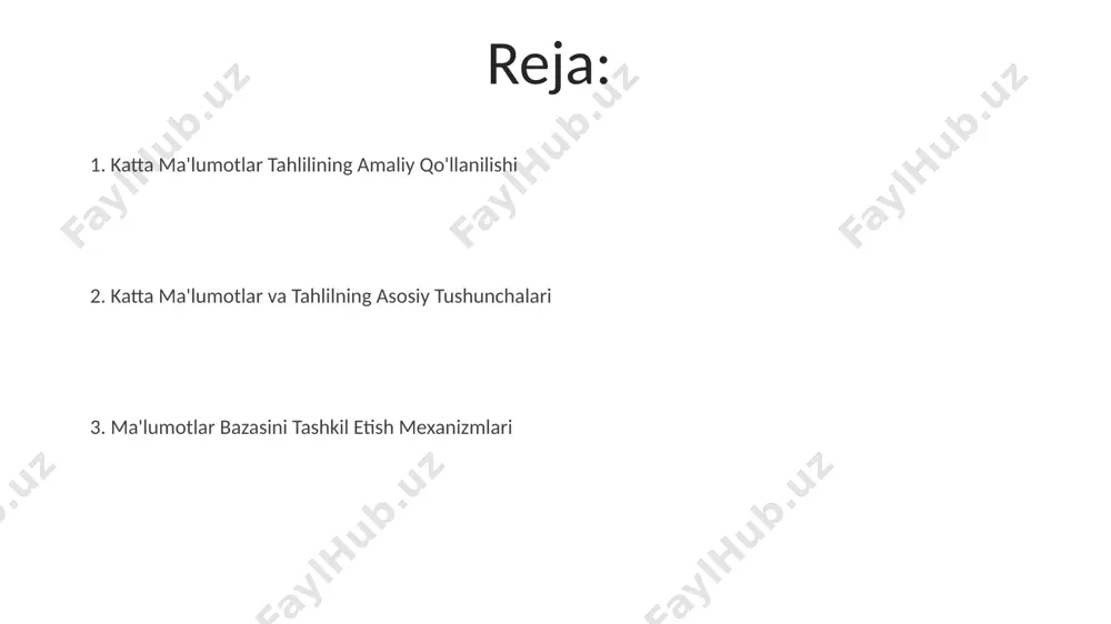 hal qilish imkonini beradi, bu esa yangi imkoniyatlarni ochib beradi. hadoop va spark texnologiyalari hadoop massiv ma'lumotlarni qayta ishlash uchun map-reduce algoritmini qo'llaydi, bu esa spark'ning in-memory hisoblash texnologiyalaridan sezilarli darajada sekinroq, ya'ni 10-100 baravar sekinroq bo'lishiga olib keladi. spark, hadoop'dan farqli o'laroq, ma'lumotlarni ramda saqlaydi va tezkor iterativ hisob-kitoblarni amalga oshiradi, bu esa ma'lumotlarni qayta ishlash tezligini 100 baravar tezlashtirishi mumkin. muammolar va yechimlar noaniqlikni kamaytirish va ma'lumotlar sifatini oshirish uchun ma'lumotlar tozalash va tayyorlash jarayonlari muhim ahamiyatga ega bo'lib, bu esa o'rtacha 80% gacha vaqt talab qilishi mumkin. ma'lumotlarning yuqori tezlikda oqimini qayta ishlash uchun real vaqt rejimida tahlil qilish texnologiyalari, masalan, apache kafka va spark streaming kabi vositalar qo'llanilishi lozim. katta ma'lumotlarni saqlash texnologiyalari katta ma'lumotlarni saqlashda ob'ektli saqlash (object storage) texnologiyalari, masalan, amazon s3 yoki google cloud storage, 10 15 baytdan ortiq ma'lumotlarni iqtisodiy jihatdan samarali saqlash imkonini beradi. katta hajmdagi ma'lumotlarni saqlashda nosql ma'lumotlar bazalari, …
