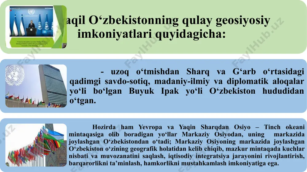 zidenti i.karimovning bmt bosh assambleyasining 1993 yilda bo‘lgan 48-sessiyasida ishtirok etishi va unda 27 sentabrda qilgan ma’ruzasi o‘zbekistonni jahonga qo‘hna va yosh navqiron davlat sifatida namoyon etdi. o‘zbekiston va bmt 1993 yil 24 oktabrda toshkentda bmt ning vakolatxonasi ochildi va u ish boshladi. o‘zbekiston rahbariyati va bmt rahbarlarining harakatlari natijasida bmtning xalqaro telekommunikatsiya uyushmasi, xalqaro taraqqiyot assotsiyatsiyasi, qochoqlar ishi bo‘yicha oliy qo‘mitasi, jahon sog‘liqni saqlash tashkiloti, xalqaro fuqaro aviatsiyasi tashkiloti, xalqaro atom energiyasi agentligi, aholi joylashish jamg‘armasi, narkotik moddalarni nazorat qilish dasturi, sanoat taraqiyoti tashkiloti singari ixtisoslashgan muassasalarga a’zo bo‘ldi. shu davrgacha bmt bosh minbarida o‘zbekiston respublikasi birinchi prezidenti islom karimov va prezidentimiz shavkat mirziyoyevning barcha chiqishlari: 1. 1993 yilda o‘tgan bmt bosh assambleyasining 48-sessiyasi 2. 1995 yilda bmt tashkil etilganiga 50 yil to‘lgani munosabati o‘tgan sessiya 3. 2000 yilda bmt bosh assambleyasining “ming yillik sammiti”da 4. 2010 yilda bmt bosh assambleyasining ming yillik rivojlanish maqsadlariga bag‘ishlangan yalpi majlisida 5. …