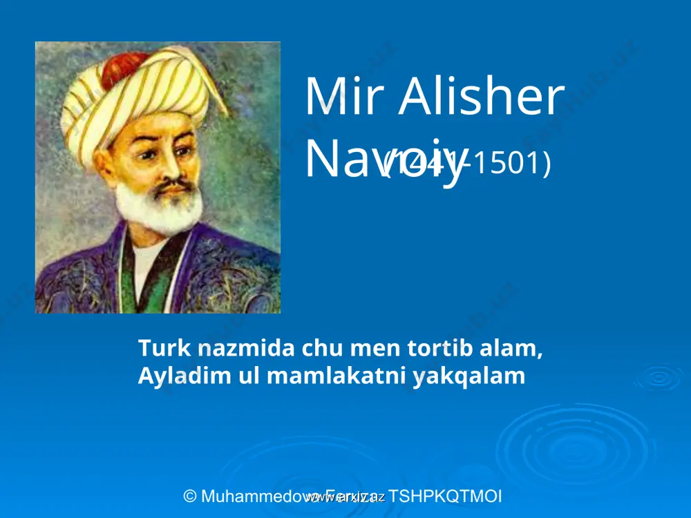 www.arxiv.uz adabiyotshunoslikka oid asarlari “mezonul-avzon” “majolisun-nafois” “mufradot” © muhammedova feruza. tshpkqtmoi www.arxiv.uz www.arxiv.uz boshqa tillardagi asarlari “devoni foniy” “sittai zaruriya” “fusuli arbaa” “aynul-hayot” “tuhfatul-afkor” © muhammedova feruza. tshpkqtmoi www.arxiv.uz www.arxiv.uz diniy asarlari “lisonut-tayr” “nasoyimul-muhabbat” “tarixi anbiyo va hukamo” “arbain” “munojot” © muhammedova feruza. tshpkqtmoi www.arxiv.uz www.arxiv.uz lirik asarlari “ilk devon” “badoyiul-bidoya” “navodirun-nihoya” “xazoyinul-maoniy” “nazmul-javohir” “nasrul-laoliy” © muhammedova feruza. tshpkqtmoi www.arxiv.uz www.arxiv.uz tarix va iqtisodga doir asarlari “tarixi muluki ajam” “tarixi anbiyo va hukamo” “vaqfiya” “ruhul-quds” “sab’atul-abhur” © muhammedova feruza. tshpkqtmoi www.arxiv.uz www.arxiv.uz nasriy asarlari “mahbubul-qulub” “hamsatul-mutahayyirin” “holoti sayyid hasan ardasher” “holoti pahlavon muhammad” “munshaot” © muhammedova feruza. tshpkqtmoi www.arxiv.uz www.arxiv.uz “xamsa” “hayratul-abror” “farhod va shirin” “layli va majnun” “sab’ai sayyor” “saddi iskandariy” © muhammedova feruza. tshpkqtmoi www.arxiv.uz www.arxiv.uz dilbar erur tengsiz jahonda erur angahamma xushtoru banda tengsiz xushtori shaydosiman man jahonda banda man mananga © muhammedova feruza. tshpkqtmoi www.arxiv.uz www.arxiv.uz dilbar erur tengsiz jahonda erur angahamma xushtoru banda tengsiz xushtori …