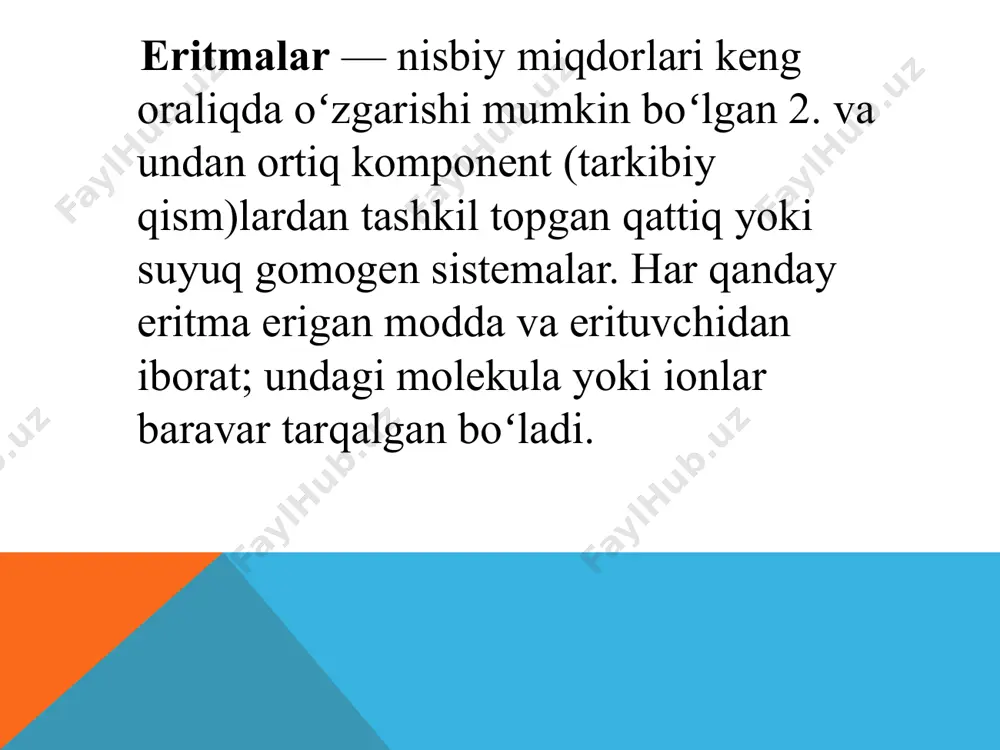 degan ma'noni anglatadi. eritmani hal qilish uchun erituvchi eritmasiga qo'shilsa, eritilgan zarrachalar suyuqlik fazasida ba'zi hal qiluvchi moddalarini almashtiradi. bu miqdori birligiga mos hal qiluvchi miqdorini kamaytiradi. suyultirilgan eritmada zarrachalar qanday ahamiyatga ega ekanligi, ularning qancha qismi mavjudligi muhim emas. masalan, cacl2 ni butunlay yo'qotish uch zarralarni (bir kaltsiy ioni va ikkita xlorid ioni) hosil qiladi, naclni eritib yuborishda esa faqat ikkita zarracha (natriy ioni va xlorid ioni) ishlab chiqariladi. kaltsiy xlorid kollojial xususiyatlarga stol tuzidan ko'ra ko'proq ta'sir ko'rsatishi mumkin. shuning uchun kaltsiy xlorid oddiy tuzga qaraganda pastroq haroratlarda samarali muzlashuvchi moddadir! kolitativ xususiyatlarga misollar: bug'ning bosimini pasaytirish, muzlash nuqtasi tushishi , ozmotik bosim va qaynoq nuqtasi balandligi . misol uchun, bir chashka suvga bir chimdik qo'shib suvni odatdagidan ko'ra past haroratda muzlatib qo'yadi, yuqori haroratda qaynatiladi, bug 'bosimi past bo'ladi va ozmotik bosimni o'zgartiradi. kollagatsion xususiyatlar odatda uchuvchan bo'lmagan eritmalar uchun hisoblansa-da, bu ta'sir uchuvchi eritmalar uchun ham …