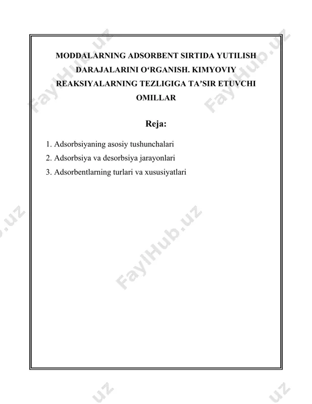 aksimal adsorbsiyaning miqdori, \( b \) — langmuir doimiy, \( c_e \) — muvozanatli konsentratsiya. freundlich izotermasi tenglamasi: \[ q_e = k_f c_e^{1/n} \] bu erda \( k_f \) va \( n \) — freundlich doimiylari, ular adsorbsiyaning intensivligini va adsorbentning qobiliyatini belgilaydi. adsorbentlar: adsorbsiya jarayonida ishlatiladigan adsorbentlar juda muhim ahamiyatga ega. ular orasida ko'mir, silika geli, aluminat jel, zeolitlar va boshqalar kiradi. adsorbentlarning yuzasi va ularning fizik-kimyoviy xususiyatlari adsorbsiyaning samaradorligini belgilaydi. ilovalari: adsorbsiyaning keng ko'lamli ilovalari mavjud. masalan, havo va suvni tozalashda, kimyoviy va neft sanoatida, tibbiyotda (qon tozalash, dori moddalari chiqarish va boshqalar) va boshqa ko'plab sohalarda qo'llaniladi. mexanizmlari: adsorbsiyaning mexanizmlari turli xil bo'lishi mumkin. birinchidan, molekulalar adsorbent yuzasiga qadar diffuziyalanadi. ikkinchidan, yuzadagi faollashgan joylarga birikish sodir bo'ladi. axir, adsorbatning bir qismi adsorbentning ichki qatlamlariga diffuziyalanishi mumkin, bu esa intratizim diffuziya deb ataladi. termodinamika: adsorbsiyaning termodinamik parametrlari adsorbent va adsorbat o'rtasidagi o'zaro ta'sir kuchlarini o'rganishga yordam beradi. enthalpiya …