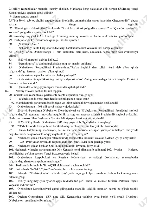 sr da 1991 yil 18-19 avgustda uyushtirilgan fignada qanday hukumat tuzildi? 44. toshkent metrosi qachondan qurilishi boshlangan? 45. toshkent televizion markazi qachondan boshlab ishlay boshladi? 46. paxta monokulturasi oqibatlari qayerda nisbatan ko‘proq ko‘zga tashlandi? 47. ”nur borki, soya bor” romani kimning qalamiga mansub? 48. namanganda diniy ekstremistlarning konstitutsion tuzumga qarshi tajovuzi nechanchi yilda bo’ldi? 49. mirzo ulug’bek tavalludi 1994-yil oktabrda nechchi yuz yilligi nishonlandi? 50. turkiston muxtoriyatining bosh vaziri hamda ichki ishlar vaziri bo‘lgan shaxsni aniqlang? 51. 1984 – 1985-yillarda sovet ittifoqiga kim rahbarlik qildi. 52. farg‘ona vodiysidagi qo‘rboshilardan qaysi biri birinchilardan bo‘lib “amir al-muslimin” unvoniga sazovor bo‘lgan? 53. 1995 yil 24 oktabr….. 54. konsrervatoriya qanday ma’noni bildiradi? 55. madaminbek kim tomonidan o‘ldiriladi? 56. «bu murakkab shaxs, bir tarafdan, milliy manfaatlarni o‘ylashga, ikkinchi tarafdan, markazdan kelgan, tub manfaatlarga zid buyruqlarni hayotga tatbiq etishga majbur bo‘lganini unutmasligimiz zarur. uning umri sandon bilan bolg‘a o‘rtasiga qo‘yilgan edi, desak aslo mubolag‘a bo‘lmaydi»- deb …