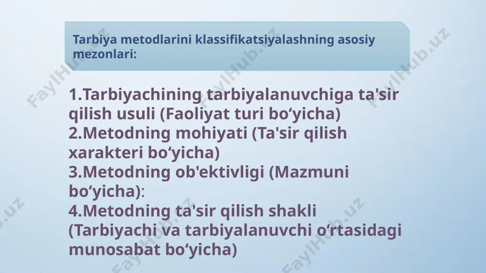 bo‘lishi mumkin, chunki ular bir-birini to‘ldirib, birga ishlatiladi. tarbiya metodlarining ijtimoiy va madaniy farqlari tarbiya metodlari har bir jamiyatda va madaniyatda turlicha shakllanadi. bir metod bir ijtimoiy guruhda samarali bo‘lishi mumkin, ammo boshqa guruhda bu metodning ta'siri sezilmasligi yoki umuman yaramasligi mumkin. misol uchun, xalq pedagogikasida yoki ijtimoiy an'analarga asoslangan metodlar o‘zining tarbiyaviy samaradorligini bir hududda ko‘rsatishi mumkin, lekin boshqa hududlarda bu metodlar noto‘g‘ri yoki samarali bo‘lmasligi mumkin. tarbiya metodlarini universal qilib tasniflashda ijtimoiy, madaniy va iqtisodiy farqlarni hisobga olish zarur. metodlarning yoshi va shaxsiy xususiyatlariga moslashuvi har bir tarbiya metodi turli yoshdagi bolalar uchun mos ravishda tanlanishi kerak, lekin yoshga qarab metodlarni aniq tasniflashda muammolar paydo bo‘ladi. masalan, bolalar uchun metodlar kattalar uchun mos bo‘lmasligi mumkin, va aksincha. yosh va shaxsiyat xususiyatlarini inobatga olib, metodlarni aniqlash va guruhlash juda murakkab bo‘lishi mumkin. bunda yoshning rivojlanish bosqichlari, xulq-atvor o‘zgarishlari va shaxsiy ehtiyojlarni hisobga olish kerak bo‘ladi. metodlarning samaradorligi va ijtimoiy …