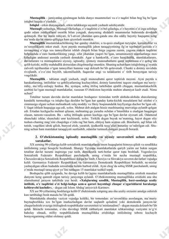 lan varaqlash hammamiz uchun ham qarz, ham farz», - deganda xalqimiz tarixiy qismatidan saboq olishni, otalar tajribasini o’rganishni nazarda tutadi. zotan, xalqimizning uzoq tarixi ozodlik, istiqlol uchun tinim-siz kurash davridir. turkiston o’zining keyingi bir yarim ming yillik tarixida bor-yo’g’i 376 yil hur mamlakat rutbasida bo’lgan (b.ahmedov). boshqa paytlar esa bosqinchilar zulmi ostida kun kechirgan. shundan ham ko’rinib turibdiki, turkiston tarixiy rivojlanishning hamma bosqichlarida turli shaklda bo’linishlarga, uning xalqi o’zgalar tomonidan tahqirlanishga, kamsitilishlarga duchor bo’lgan. xalqimiz-ning grek, makedoniyaliklar zulmiga, arablar istilosiga, mo’g’ul bosqinchiligiga va nihoyat chorizm mustamlakachiligiga qar-shi olib borgan milliy-ozodlik harakatlari tarix sahifalarida abadiy qolgan. ayni chog’da yaqin tariximizda, sovet hokimiyati yillarida o’zbekistonning markazga tobeligiga qarshi, aniqrog’i, shu davrda o’zbekistonning milliy mustaqillikka erishishi uchun tarixiy vazi-yatga qarab goh oshkora, goh yashirin tarzda olib borgan kurashlari-ni qator manbalar orqali tobora chuqurroq bilib boryapmiz. bir so’z bilan aytganda xalqimiz azal-azaldan o’z fikri-zikri bilan mustaqil, ozod, erkin yashash uchun tinimsiz intilgan. xo’sh, mustaqillikning …