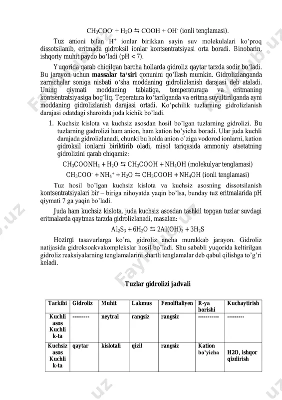 ionlarini biriktirib oladi; shu sababli eritmada vodoaod ionlari kontsentratsiyasi ortib ketadi, masalan: nh4cl + h2o  nh4oh + hcl (molekulyar tenglamasi). nh4 + + h2o  nh4oh + h+ (ionli tenglamasi). agar tuz kationi ko’p zaryadli bo’lsa, gidroliz jarayoni bir necha bosqich bilan boradi, natijada gidrokso tuzlar hosil bo’ladi, masalan: zncl2 + h2o  zn(oh)cl + hcl yoki zn2+ + h2o  zn(oh)+ + h+ bu tuzning gidrolizi odatdagi sharoitda birinchi bosqichning o’zi bilan chegaralanadi. demak, kuchsiz asos va kuchli kislotadan hosil bo’lgan tuzlarning eritmalari odatdagi sharoitda kislotali muhit (ph 7 tekshirilgan tuzlarning qaysi biri gidrolizlanadi? gidrolizning molekulyar va ionli tenglamalarini yozing va har bir tuzning gidrolizlanish turini ko’rsating. gidroliz oddiymi yoki bosqichlimi? 5 – tajriba. natriy sulfatning gidrolizi. kerakli moddalar: distillangan suv, kristall natriy sulfat kerakli jihozlar: konussimon probirka. ishning bajarilishi: konussimon probirkaga 3 ml ditillangan suv quying. unig ustiga kristall natriy sulfatdan bir mikroshpatel tashlang va shisha tayoqcha …